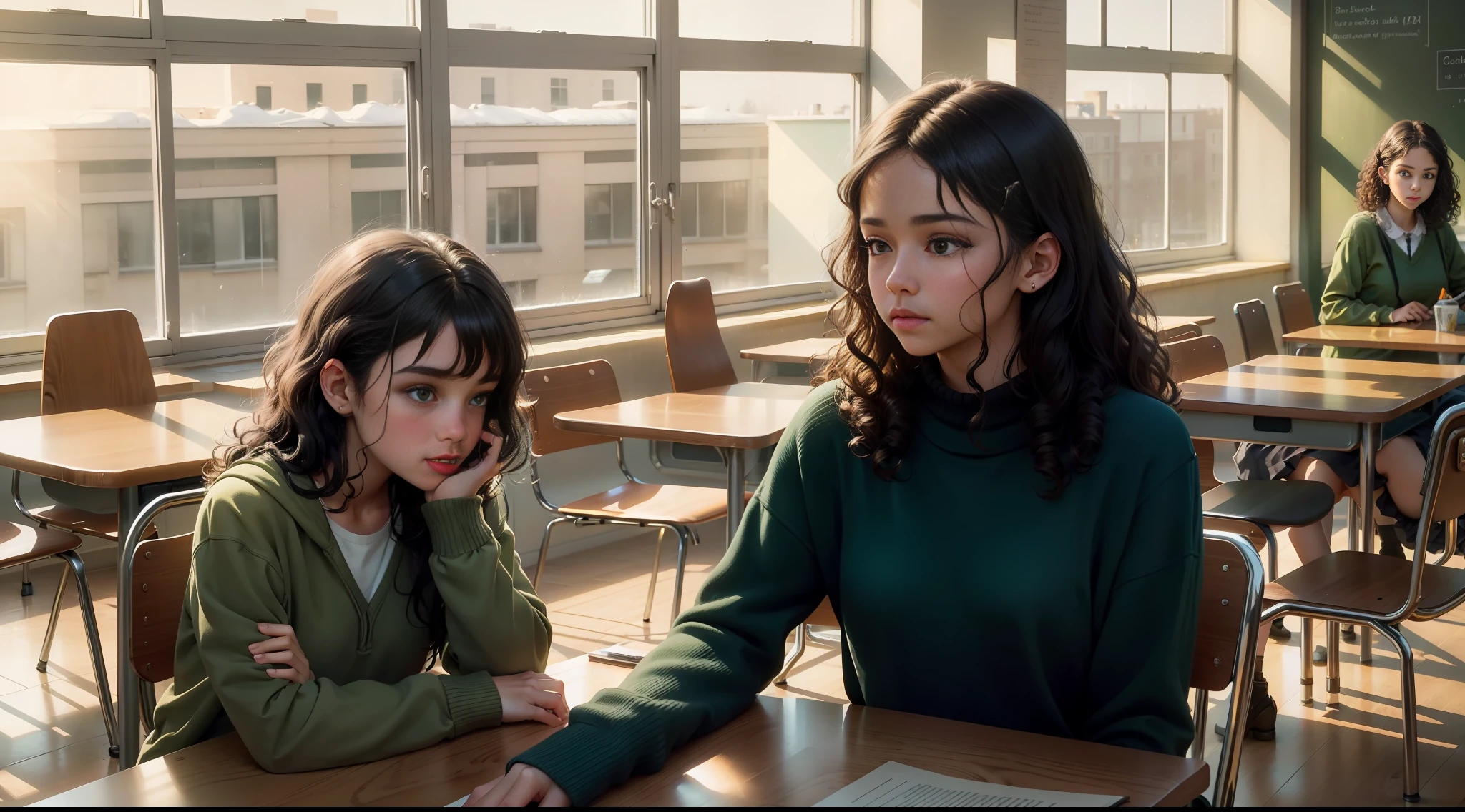 , interior scene, cold color, sunlight penetration, two-dimensional scene, floor, table, chair, silhouettes of people, school cafeteria, a girl with long curly brown hair and green eyes sitting at a table, NEXT to a girl with short black hair SMOOTH, beautiful skin, perfect face, UHD, 8k, SCHOOL ENVIRONMENT