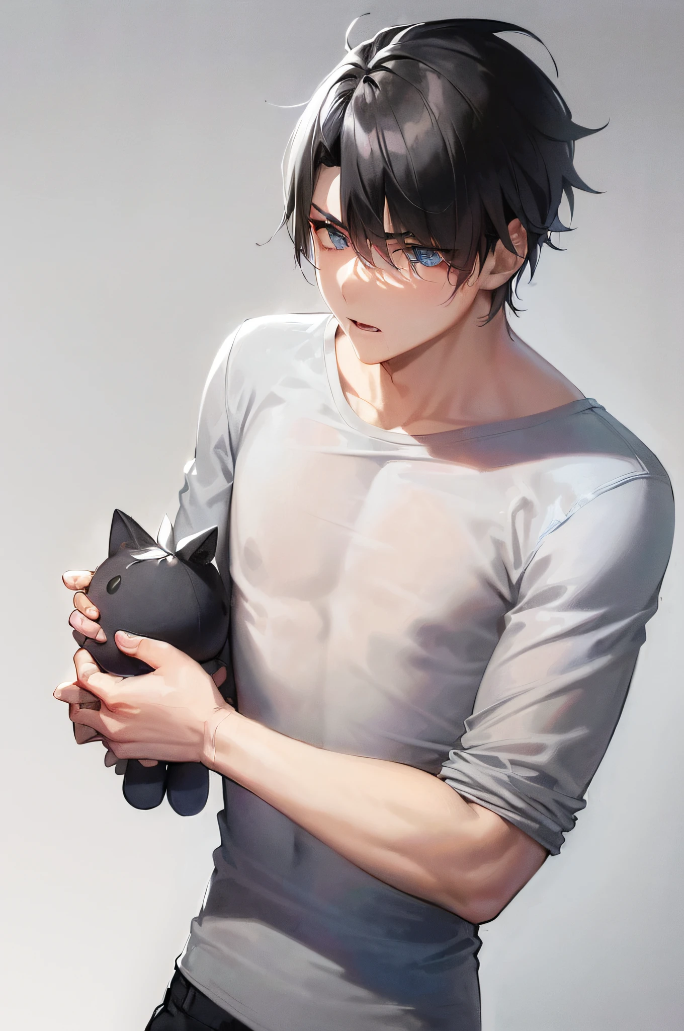 ((A male:1.5)), ((boy:1.5)), first-person view, upper body, cold light, viewfinder, bokeh, blue_eyes, (gray sports clothes:1.2), (holding a plush toy:1.2), hair_between_eyes, (Zaffre eyes color:1.1), (flat chest:1.5), (hair pulled back:1.5), (evil:1.2), (gray shirt:1.5), looking_at_viewer, male_focus, short_hair, (the idealism of the future world:1.2), (clean background trending:1.5), rain, wet hair, styled with a captivating hairdo, accentuated with bangs and hair between eyes, highlighting his distinctive and stylish black and short hair, this dynamic composition expertly showcases his strong male focus, in a manner that captivates and intrigues viewers