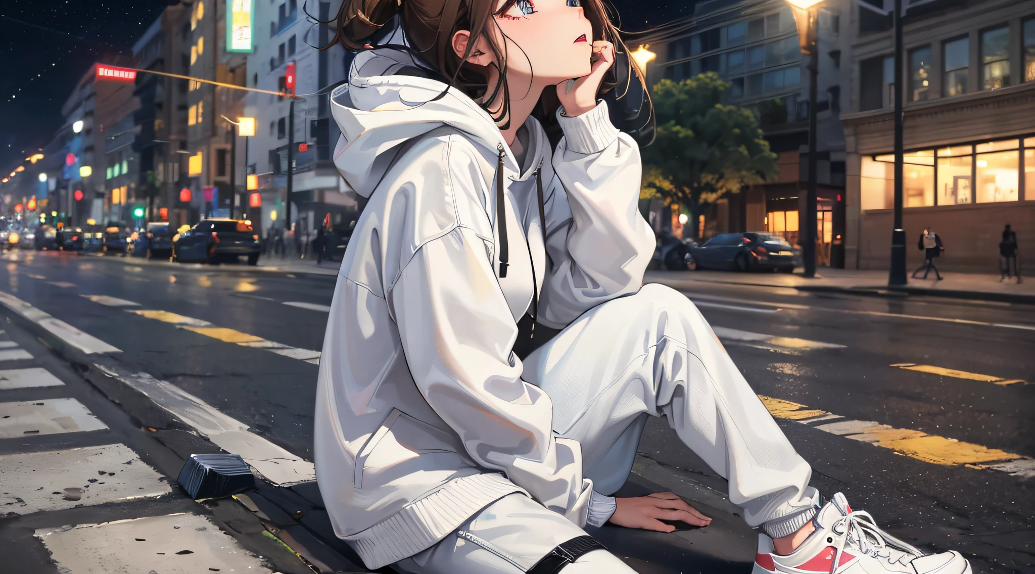 girl, full body, vista, cool, expression, city street, brown hair, masterpiece, exquisite, city building lights, white hoodie, heterochromatic pupils, 45 degrees looking up at the stars, high and cold expression, sitting on the road, slightly longer cuffs, sneakers, black cropped pants, top mopping