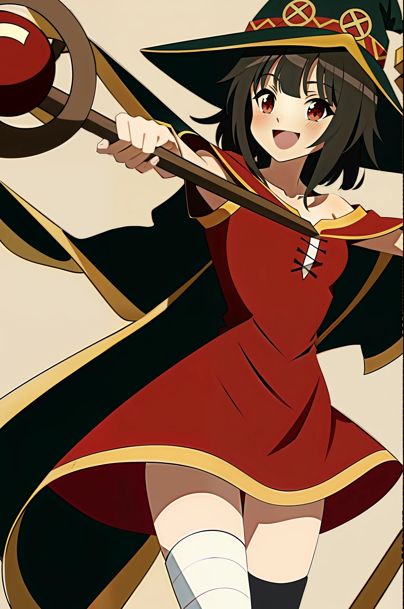 konosuba, megumin,(best quality, extremely best quality, masterpiece:1.5),((1girl,solo)),short girl ,blush , red eyes, looking at viewer , red dress, witch hat , black hair , thighhighs, bandaged leg ,smile ,cape ,collarbone ,open mouth ,bare shoulders ,off shoulder ,holding  staff,  off-shoulder dress