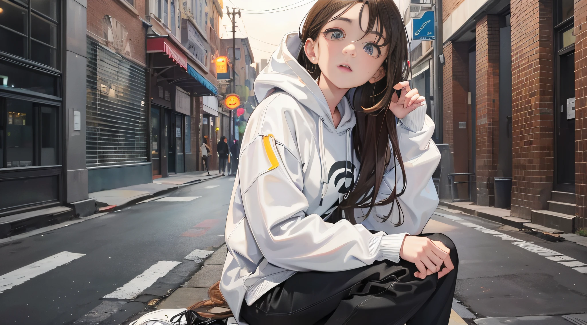girl, full body, vista, cool, expression, city street, brown hair, masterpiece, exquisite, city building lights, white hoodie, heterochromatic pupils, 45 degrees looking up at the stars, high and cold expression, sitting on the road, slightly longer cuffs, sneakers, black cropped pants, top mopping