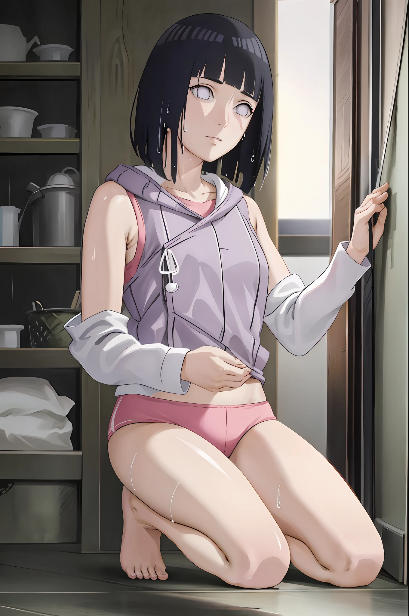 A Girl, Semi-Realistic, 2.5D, Detailed, Wet, Flat Color Only, Illustration, Line Art: 0.8, Best Quality, Hyuuga Hinata, Exposed Waist ((Realistic Light Effects, Best Quality, 8k, Masterpiece: 1.3)), Clear Focus: 1.2, 1girl, Beauty in Perfect Figure: 1.4, Slim Abs