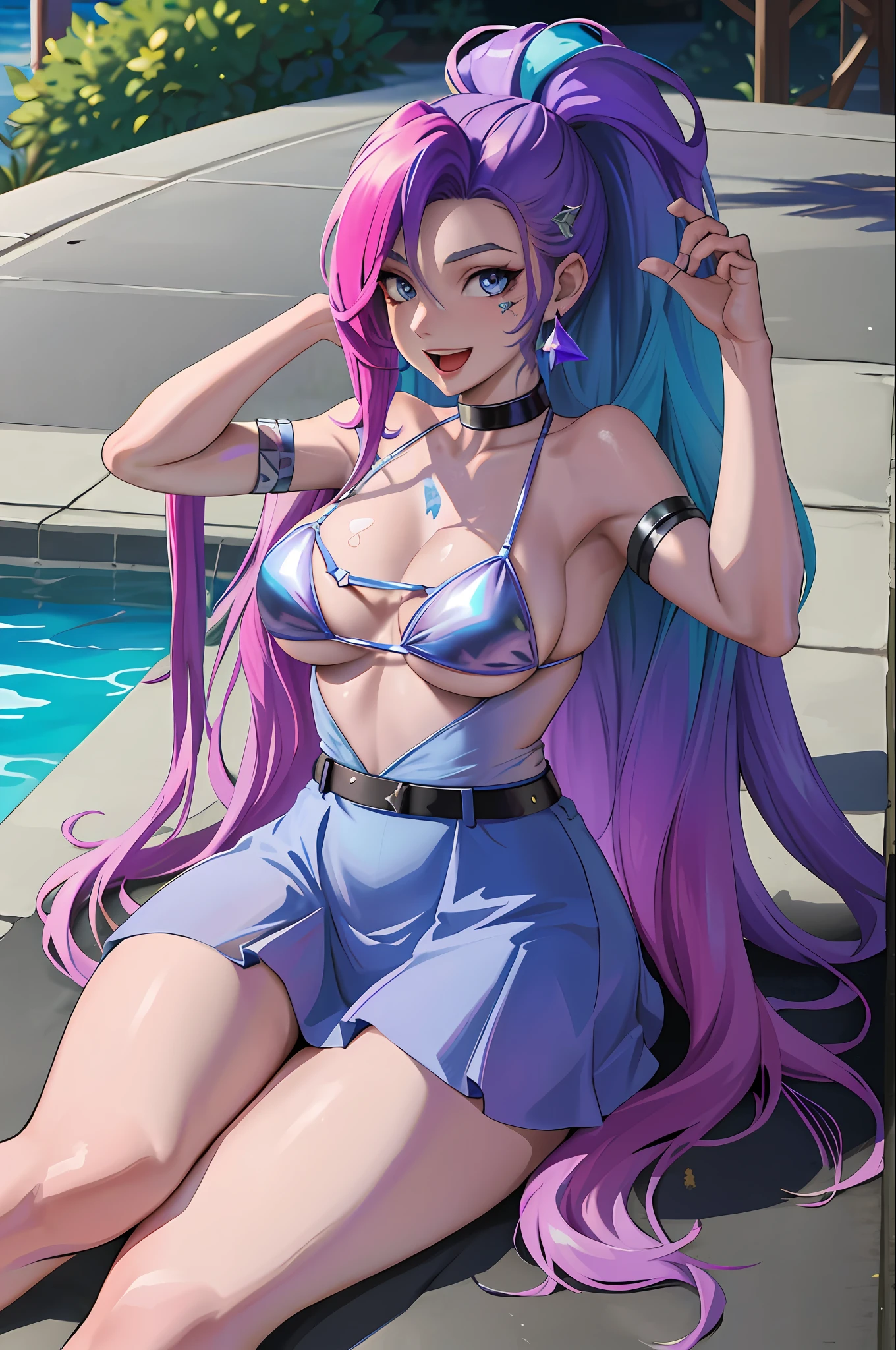 masterpiece, best quality, highres, seraphine1, 1girl, solo, scarred hair, k/da\(league of legends\), very long hair, multicolored hair, ponytail, blue eyes, earrings, bicolor hair, purple hair, large breasts, poolside, micro bikini, smile, open mouth, sitting,