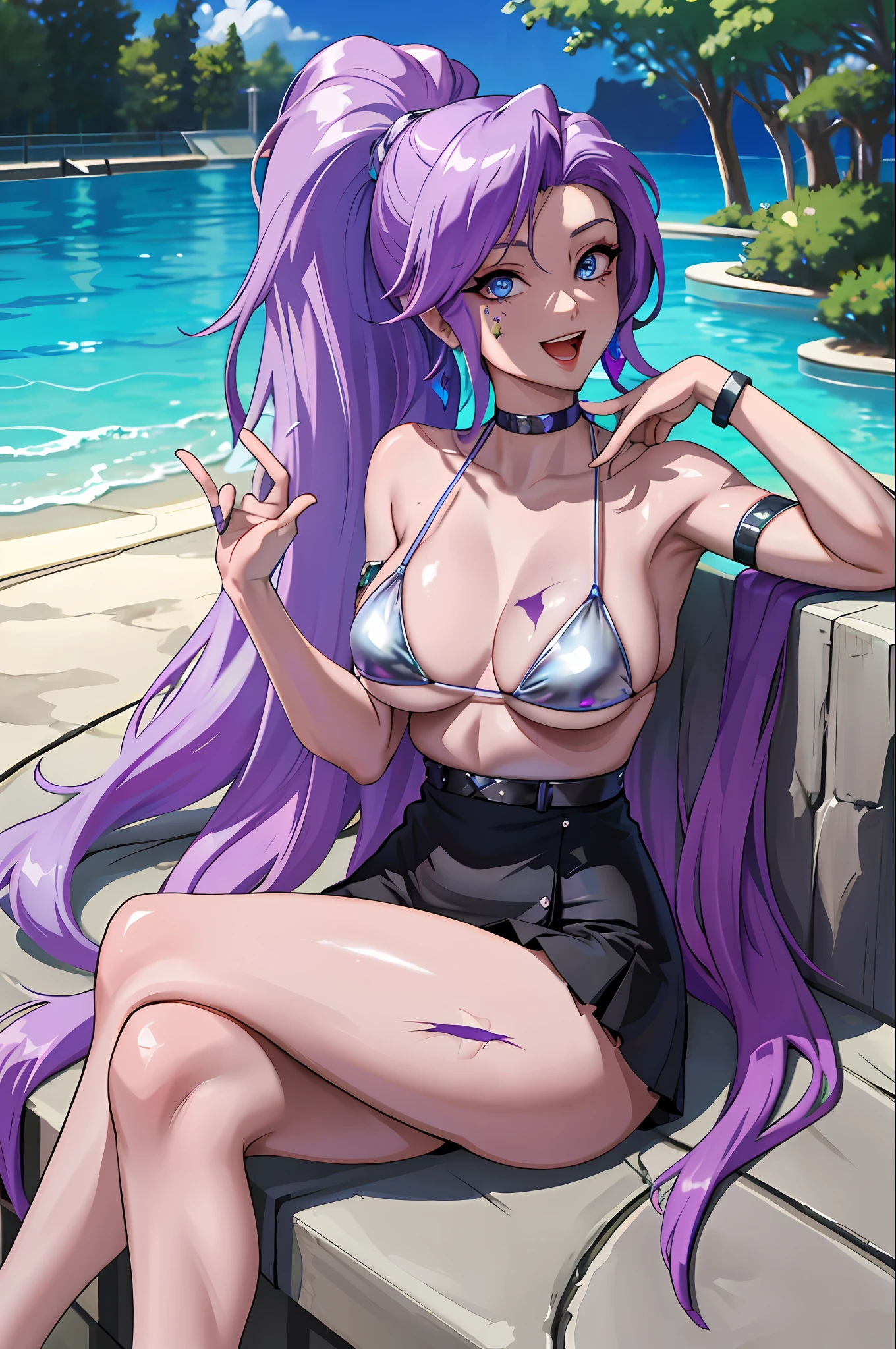 masterpiece, best quality, highres, seraphine1, 1girl, solo, scarred hair, k/da\(league of legends\), very long hair, multicolored hair, ponytail, blue eyes, earrings, bicolor hair, purple hair, large breasts, poolside, micro bikini, smile, open mouth, sitting,