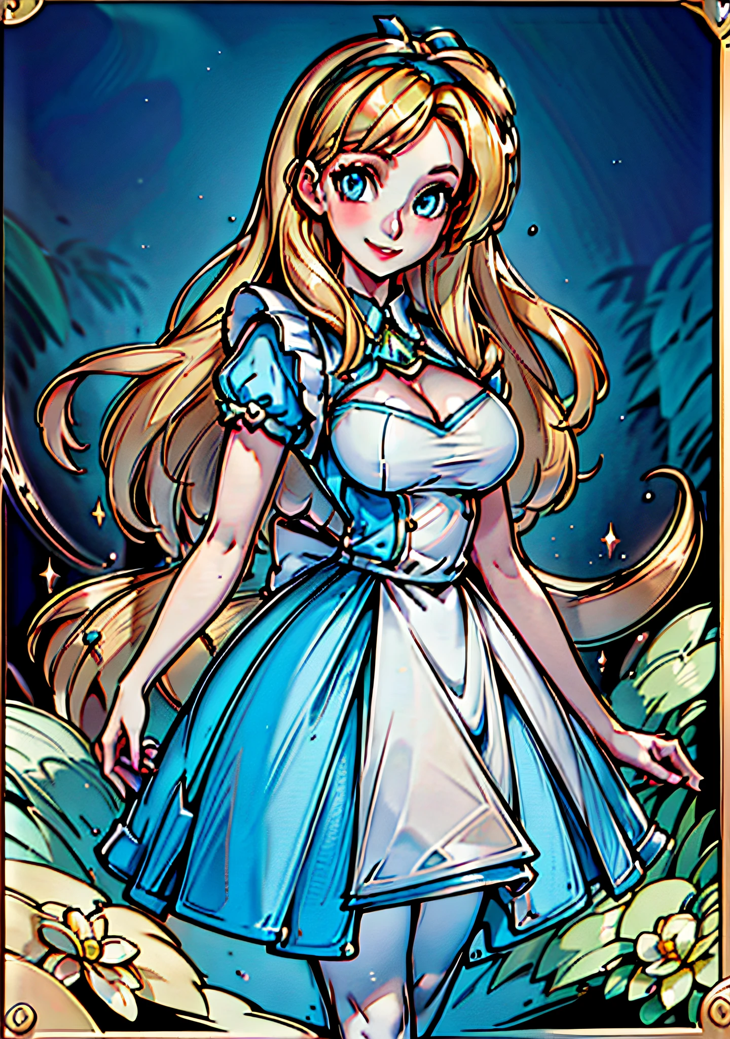 masterpiece:1.4), (best quality:1.4), (high resolution:1.4), alice liddell, blonde, blue dress, white apron, black hairband, smile, looking at viewer, giga-sized breasts, breast-expansion, deep cleavage, dress-ripping-apart, proportional eyes, (extremely detailed eyes), soft lighting, (detailed background), extreme detail background, sharp details, ((full body)), female ripped open front of dress to reveal breasts, flushed face, walking through magical forest, young-adult, older, aged-up, tarot card, trading card, character in focus, best graphics, best artwork, fine detail, normal hands with 5 fingers,