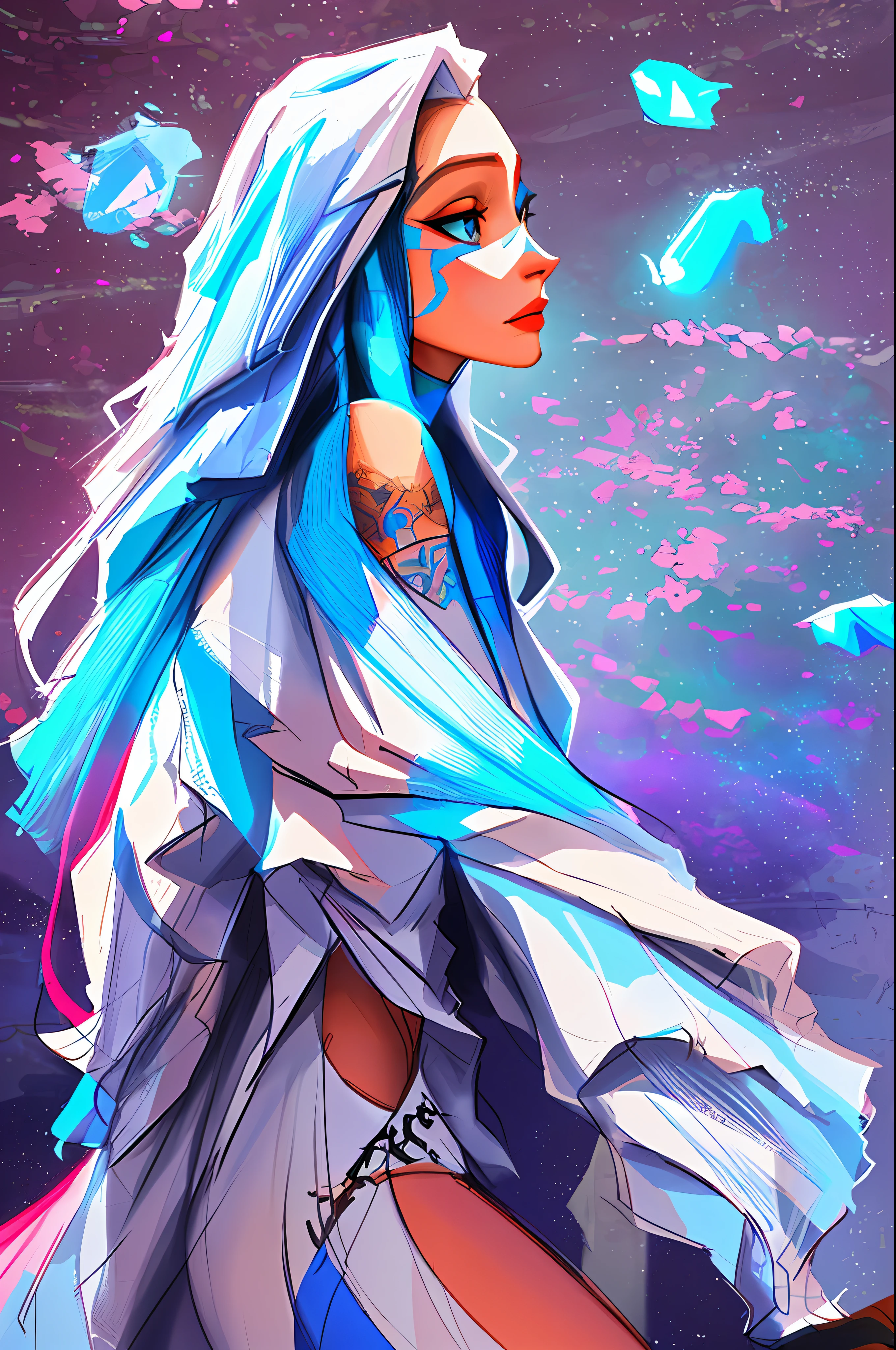 (symmetry:1.1) (portrait of floral:1.05) a woman as a beautiful goddess, (assassins creed style:0.8), blue and pink and opal color scheme, beautiful intricate filegrid facepaint, intricate, elegant, highly detailed, digital painting, artstation, concept art, smooth, sharp focus, illustration, art by greg rutkowski and alphonse mucha, 8k