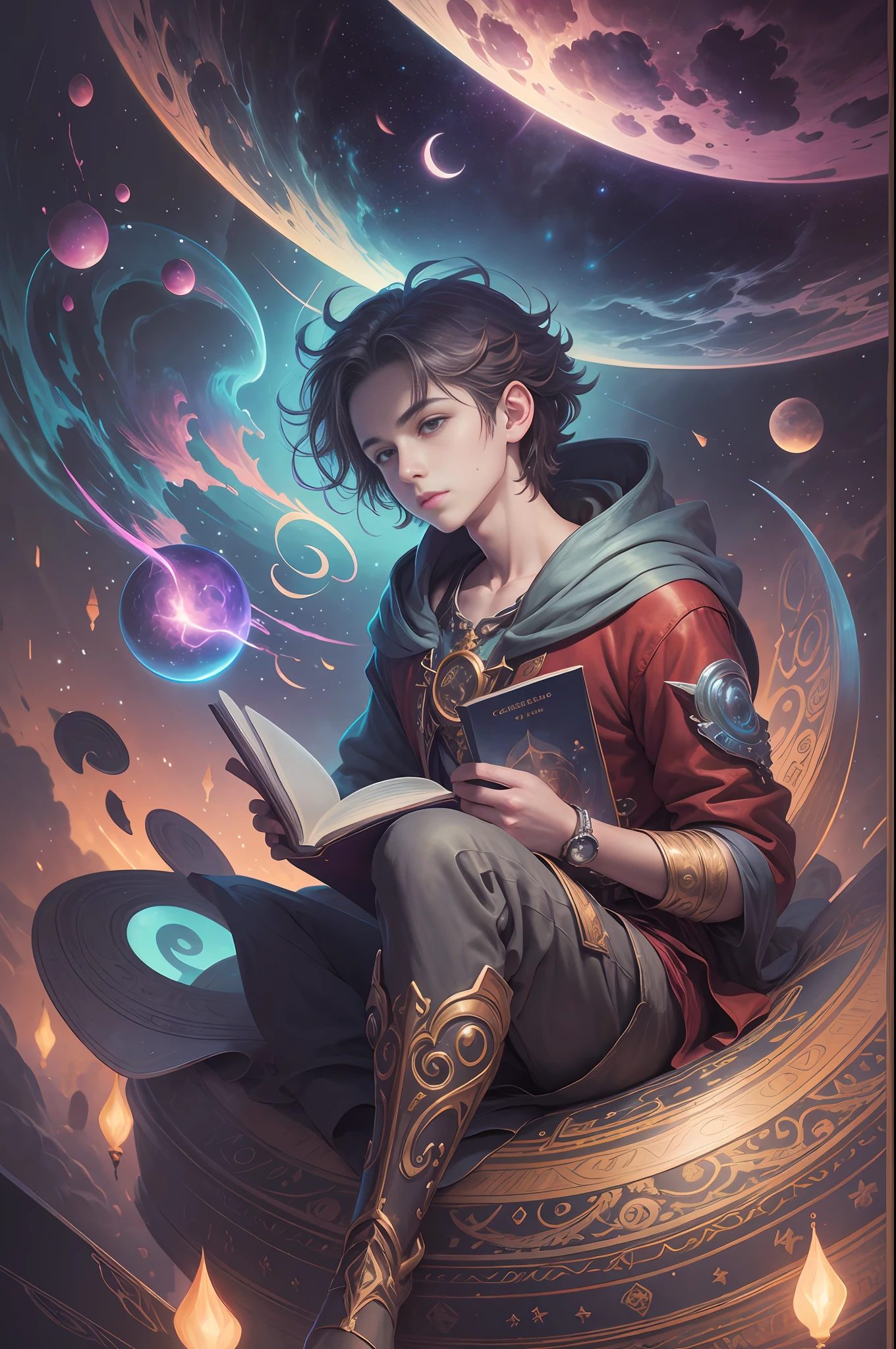 breathtaking Painting, boy sitting on the crescent moon reading a book, astral dimension, dreams, extremely highly detailed, style = julie dillon, Lumitronic effect, --c 8, --s 100