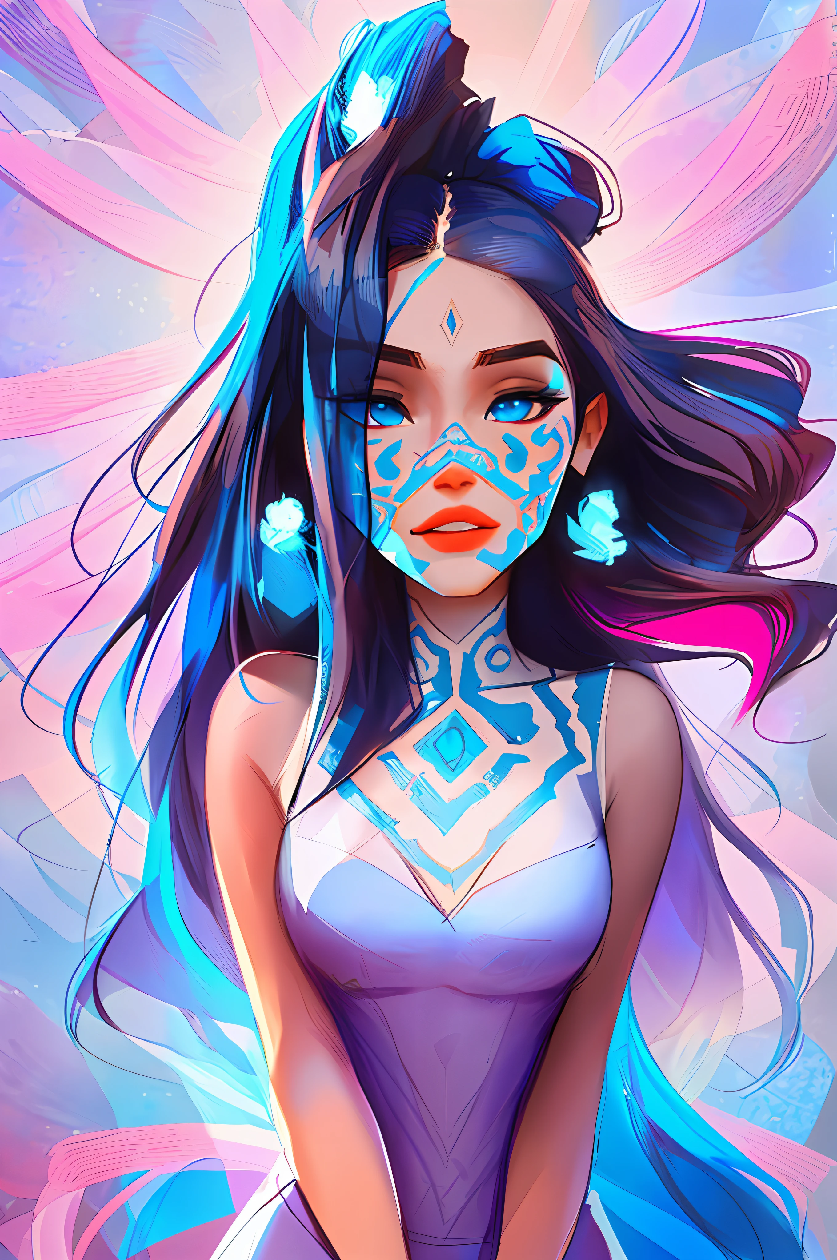 (symmetry:1.1) (portrait of floral:1.05) a woman as a beautiful goddess, (assassins creed style:0.8), blue and pink and opal color scheme, beautiful intricate filegrid facepaint, intricate, elegant, highly detailed, digital painting, artstation, concept art, smooth, sharp focus, illustration, art by greg rutkowski and alphonse mucha, 8k