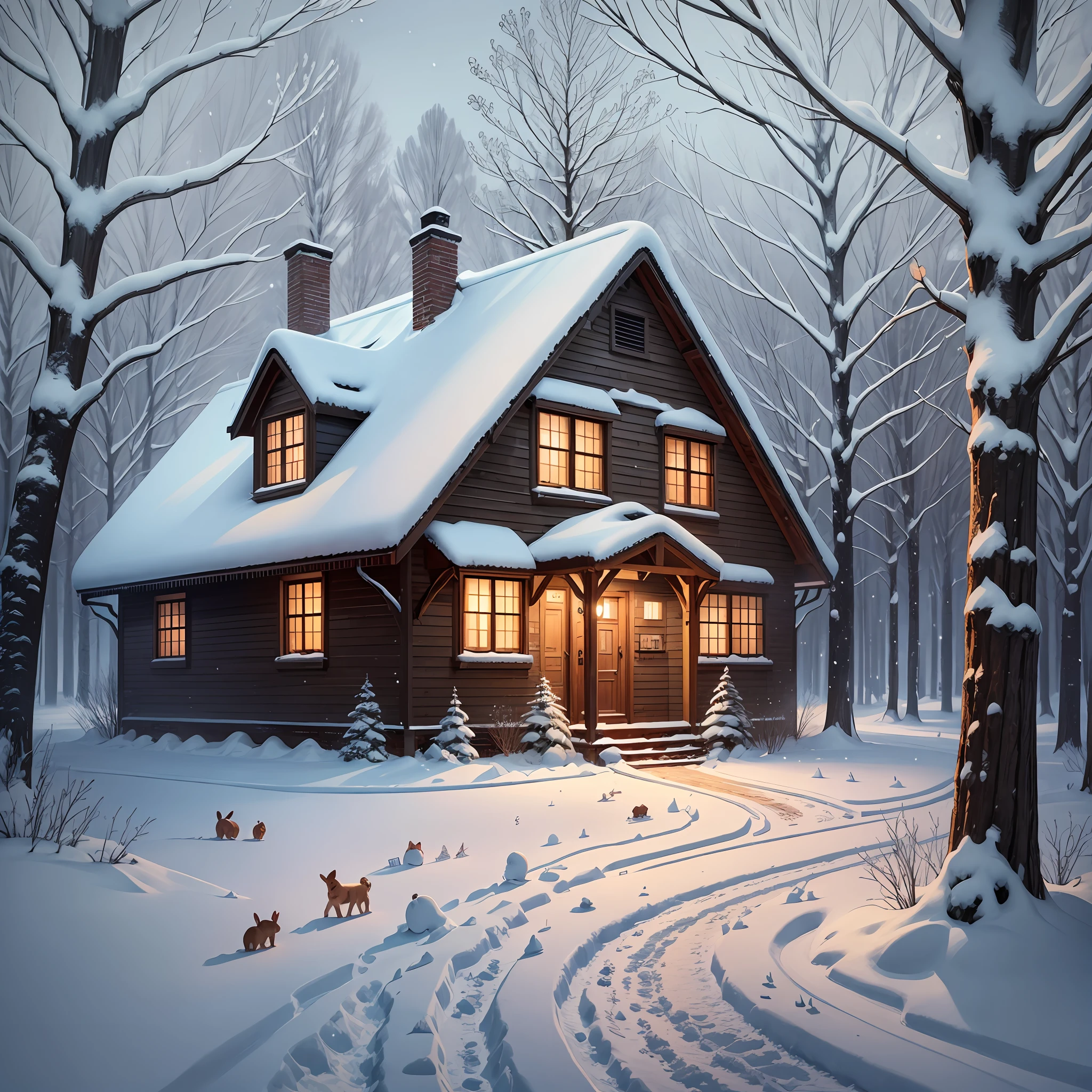 An old brick house in a winter forest, trees in the snow, a little rabbit under a snow-covered tree, night --auto --s2