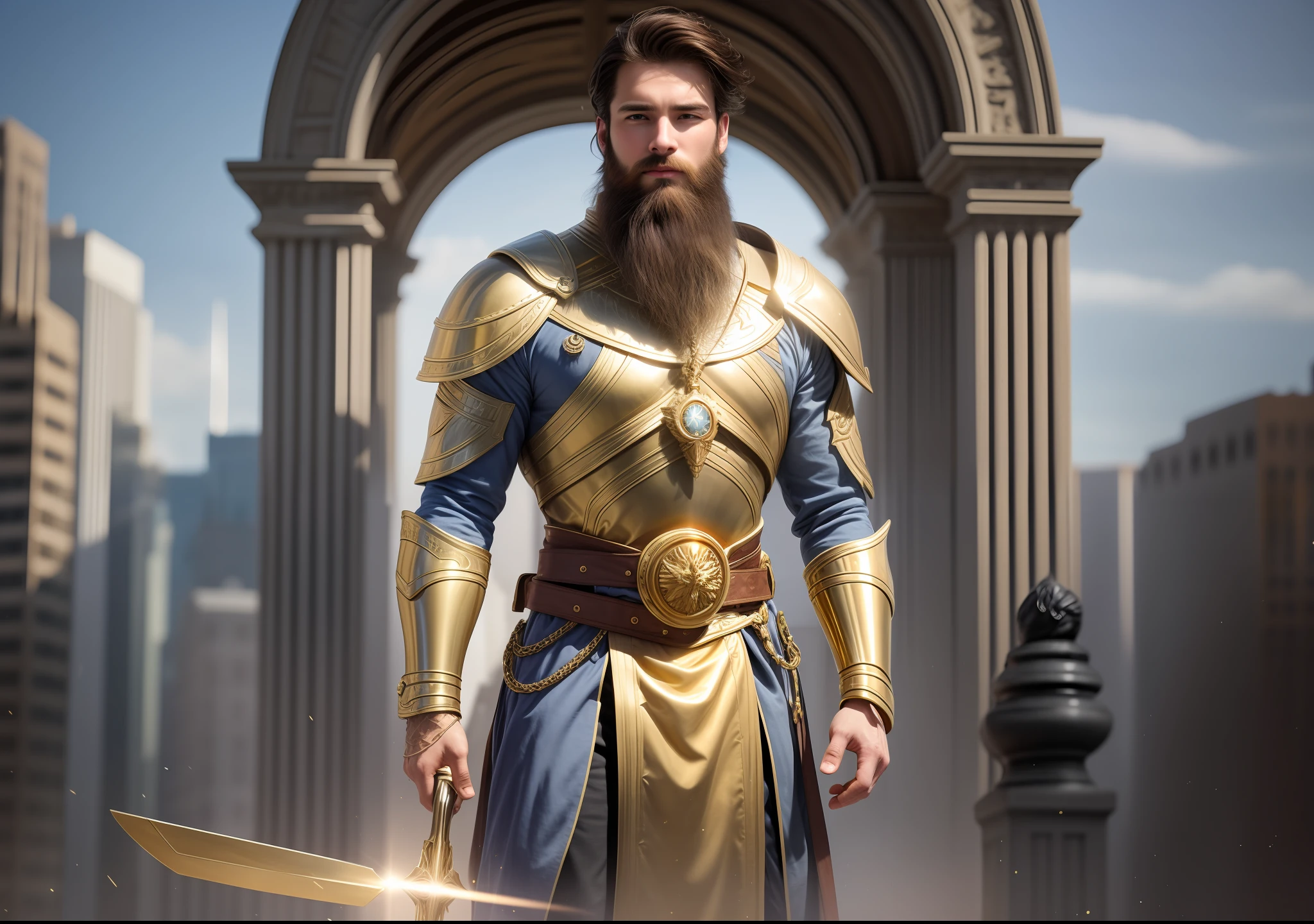 A young man of 25 years, with a beard, with simple clothes. Man enveloped by a light, aura and protecting himself with a golden shield.