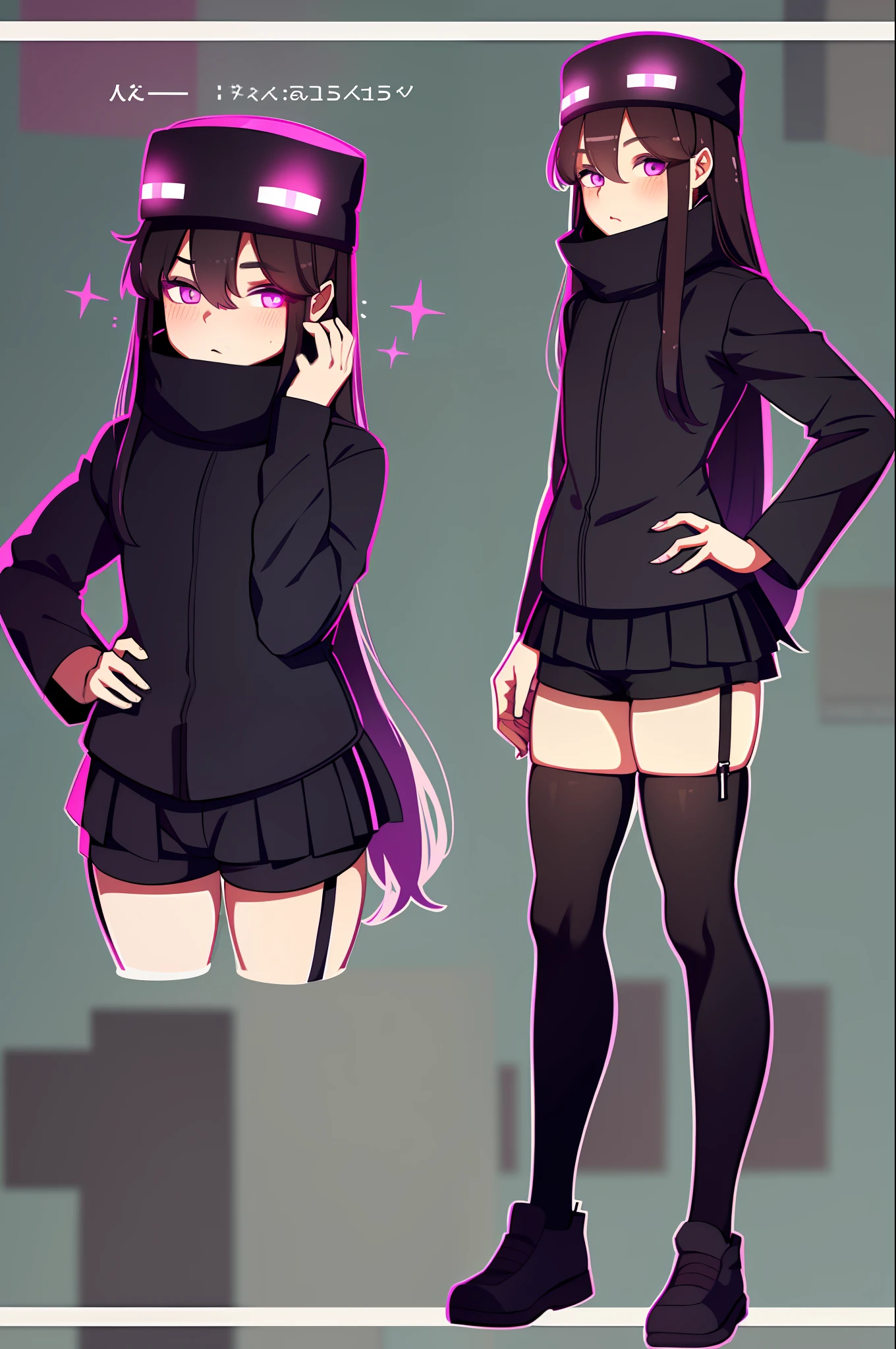 Highly detailed, high quality, masterpiece, cute, Enderman-chan, 1girl, detailed outfit,short shorts, embarrassed, standing,crossing mid fingers,kawai