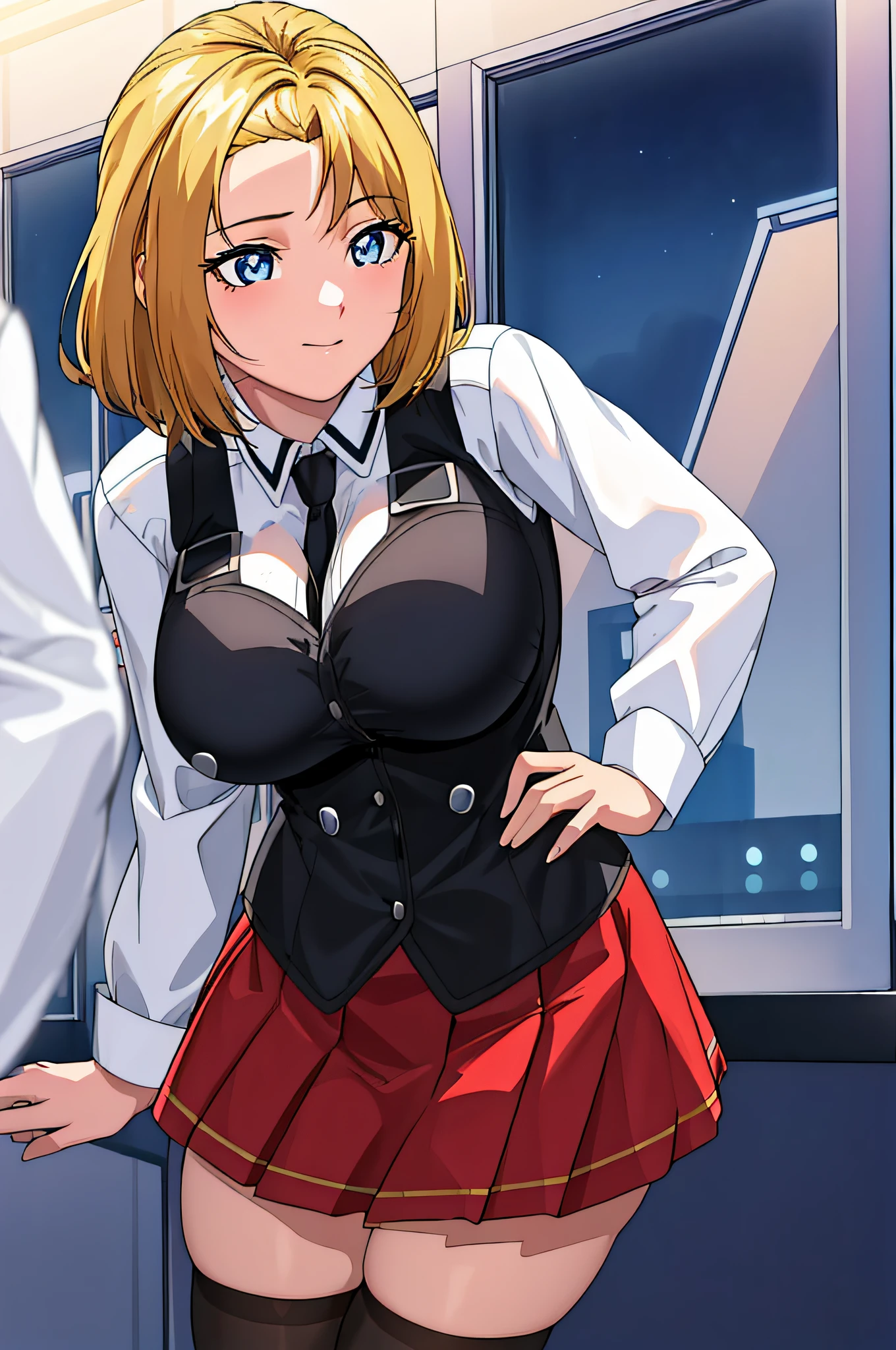 (Night:1.7), Japan, Tokyo, CityView, Before Window,
Standing at attention,
White_shirt,long sleeves,(Black_vest:1.3),Red pleated skirt, uniform,thighhighs,long sleeves,(belt:1.2),Red Tie,
blonde hair,Short_hair,parted Bangs,blue eyes,Forehead,
1 girl, 20yo,mature female,Beautiful Finger,Beautiful long legs,Beautiful body,Beautiful Nose,Beautiful character design, perfect eyes, perfect face,
looking at viewer,girl in the center of the image,
NSFW,official art,extremely detailed CG unity 8k wallpaper, perfect lighting,Colorful, Bright_Front_face_Lighting,
(masterpiece:1.0),(best_quality:1.0), ultra high res,4K,ultra-detailed,
photography, 8K, HDR, highres, absurdres:1.2, Kodak portra 400, film grain, blurry background, bokeh:1.2, lens flare, (vibrant_color:1.2)
(Beautiful,Large_Breasts:1.2), (beautiful_face:1.5),(narrow_waist),