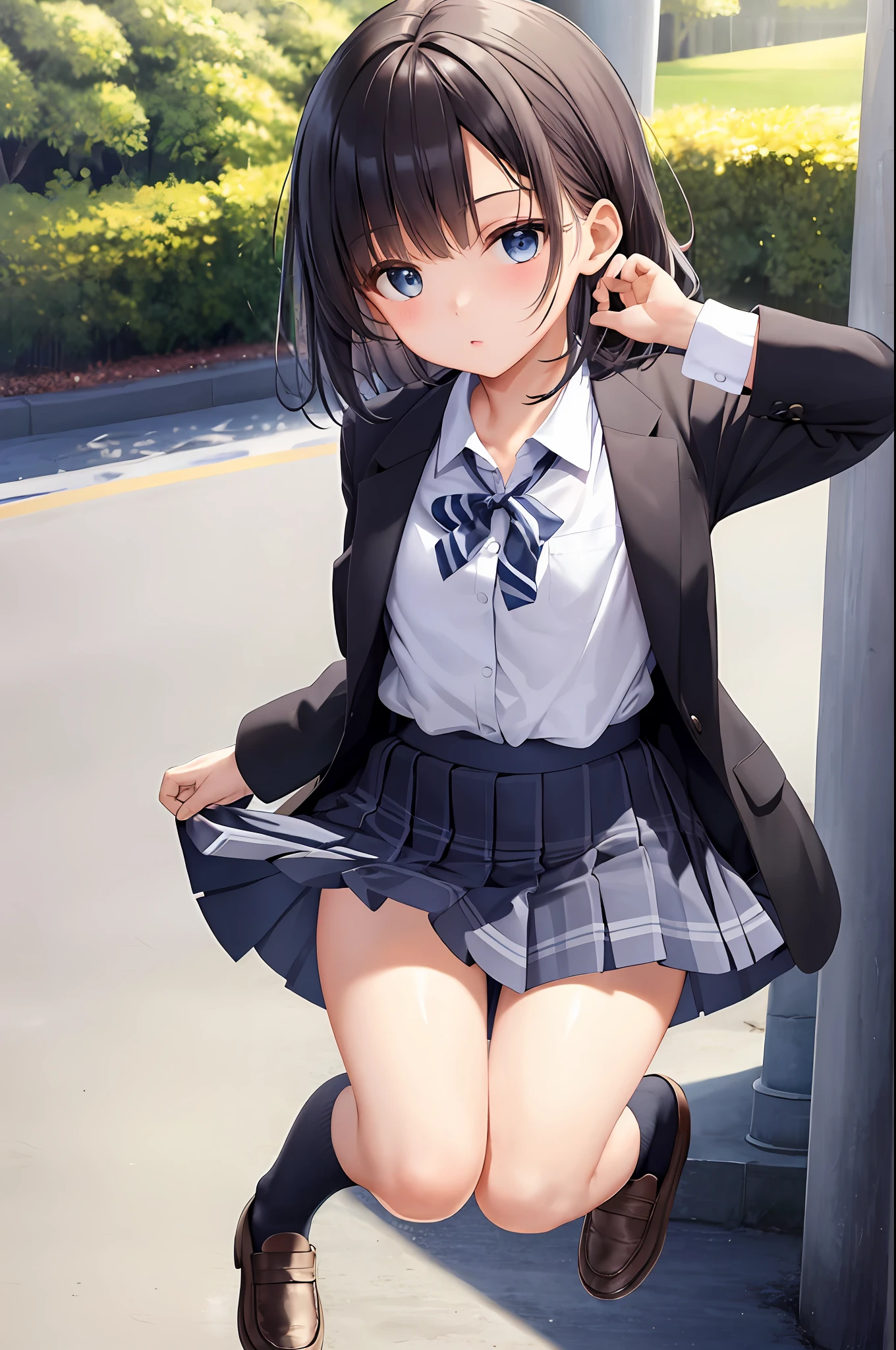 very cute female child,10 yo,
school uniform,flat chest,black hair,blue eyes,underwear,white panties, pleated skirt, shoes, dark blue socks, (jumping:1.1)
outdoors, park,summer,
BREAK
(masterpiece, best quality,ultra-detailed:1.1),solo,1girl, dynamic angle,