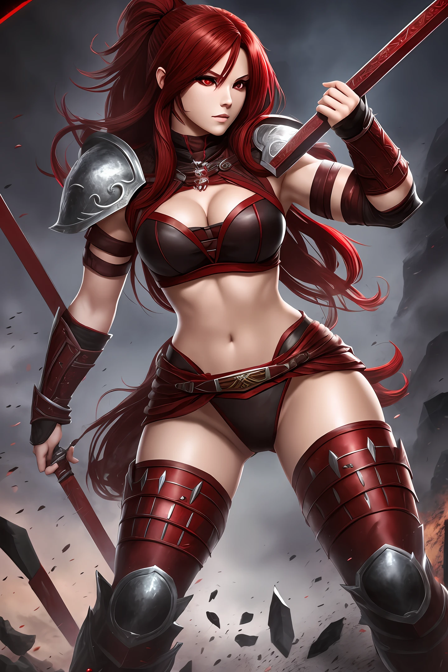 female character, rpg berserker, dark red hair, dark red eyes, full body, 8k --auto --s2