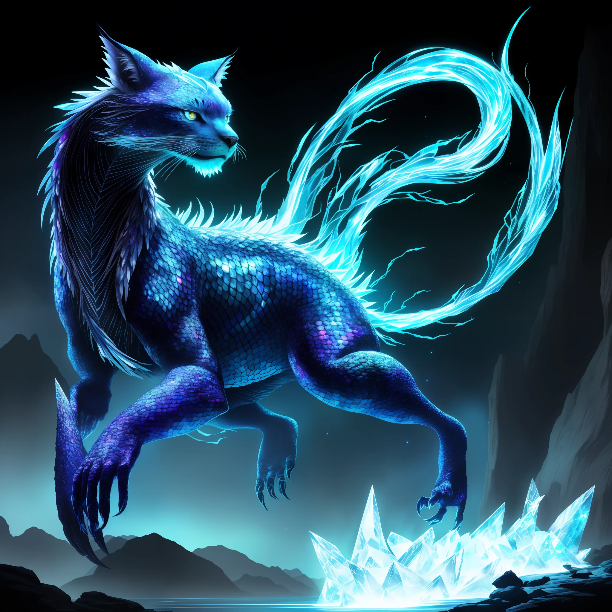 Image rendering in high resolution, with photorealistic quality and rich in detail.

Start with the main body. Imagine a pet creature the size of a large dog, with a shape similar to a panther. The body is covered with soft scales, each with an iridescent glow, reflecting all the colors of the spectrum based on the incident light, giving it a mesmerizing appearance.

The creature's head is elegant, with large almond-shaped eyes that twinkle like light reflected off a lake. His irises are a deep, captivating blue, radiating a soft light, indicating his elemental power. Add two thin, pointy ears, similar to those of a lynx, framing the creature's face.

The creature's tail is long and sinuous, ending in a spiral similar to that of a chameleon, but larger and more robust. It is covered by the same shimmering scales as the body.

On the feet, instead of ordinary claws, the creature has crystal-like structures, translucent and of various colors, which glow with an internal light. These "crystal claws" are indicative of his mastery over the elements.

Elemental powers. Around your body, show a soft, rippling aura, as if it were composed of tiny particles of light. This aura can change color depending on the element the creature is currently manipulating – blue for water, red for fire, yellow for earth, and white for air.

Capture these elements in action around her: a small swirl of fire dancing on her front paw, a ball of earth floating over the other, a breath of wind circling around her tail, and a drop of water floating near her head.

Crystal cave setting.

Finish the image with a final polish to ensure a vivid brightness and luminosity. The colors should be rich and intense, with high contrast to highlight the splendor of the creature. The scales should reflect light as small prisms, adding extra brightness.