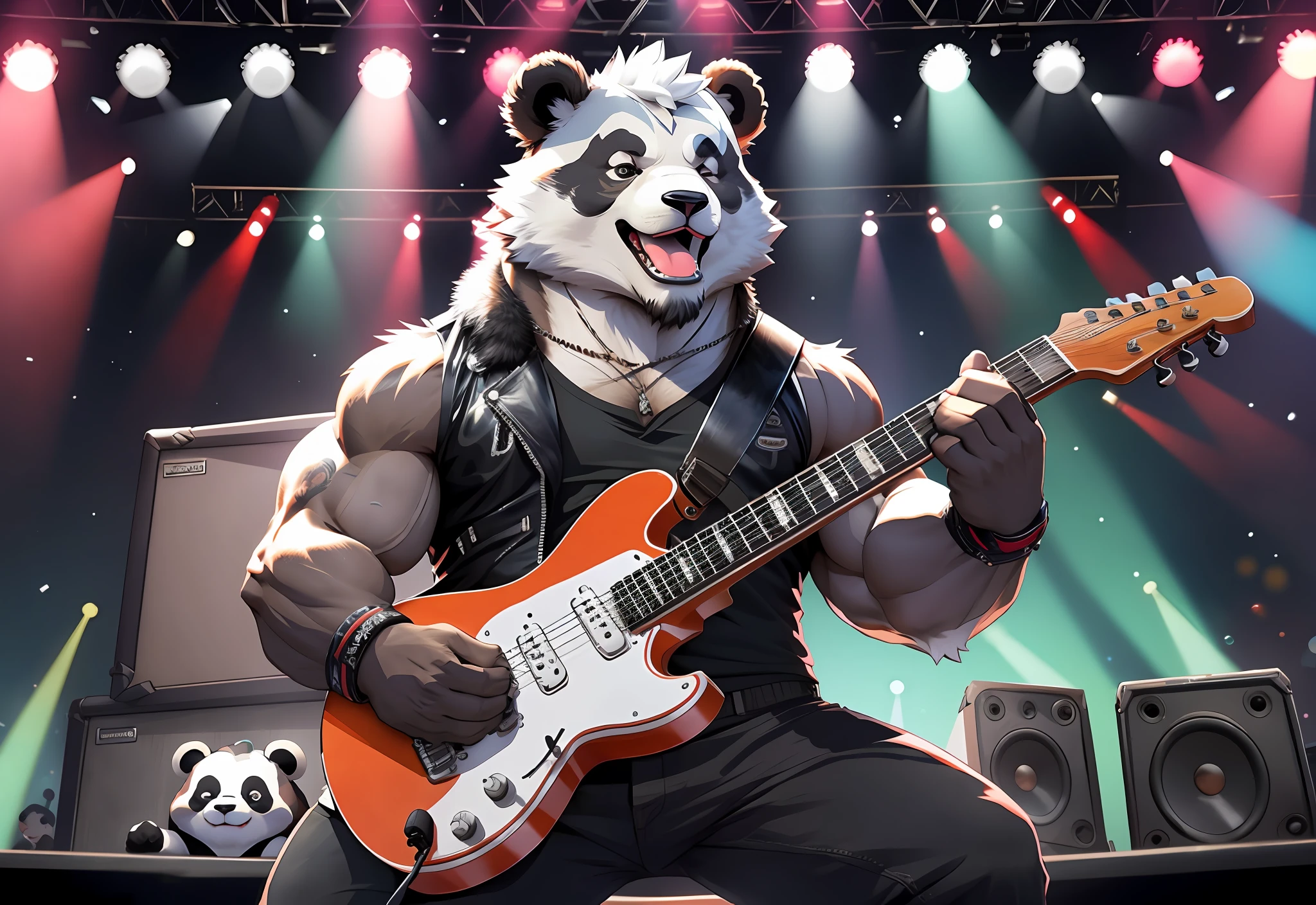 Create an image of a muscular panda furry playing an electric guitar on a stage. The panda should have a muscular build and wear a leather vest or jacket. The fur should be black and white with defined muscles visible through the fur.
The panda should be shown playing a sleek black electric guitar with a white pickguard, plugged into a stack of speakers on the stage. The guitar should be distorted with a rock and roll feel. The panda should be captured mid-performance with its eyes closed and its head tilted back, lost in the music.
The stage should be set with a spotlight shining on the panda and with a crowd of cheering fans in the background. The fans can be depicted as other anthropomorphic animals or humans. The background can be a dark and moody stage setting with smoke or fog to create a rock and roll feel. The panda’s muscular build should be emphasized, with defined muscles visible in its arms and chest as it rocks out on the guitar.