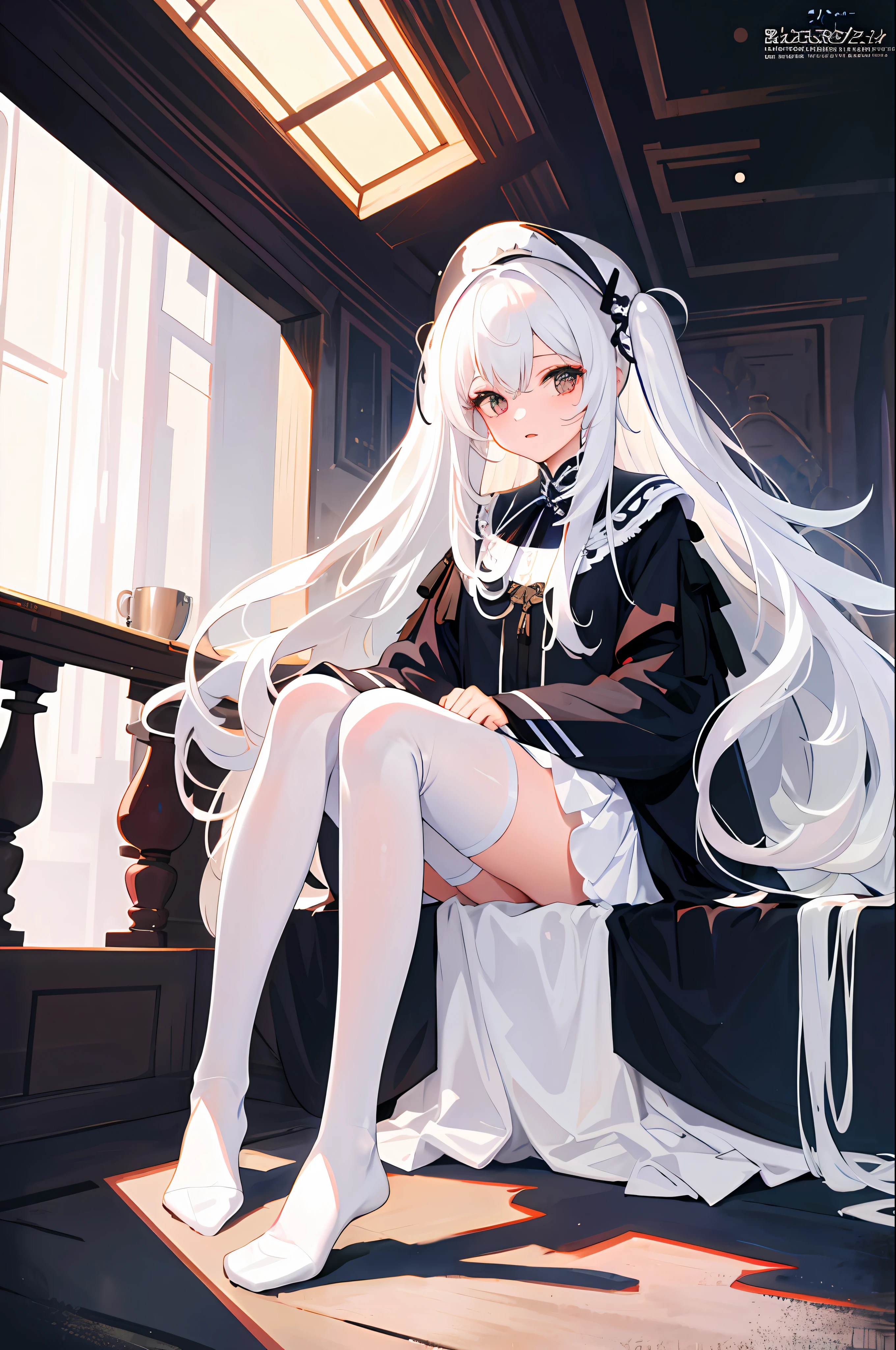 1 girl, white stockings, long white hair