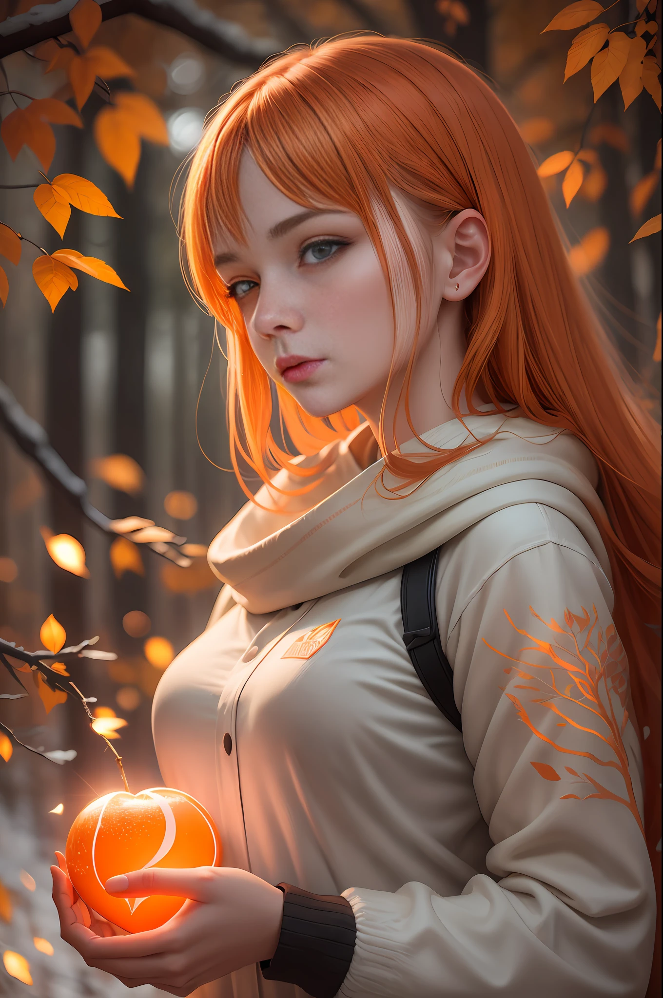 Beautiful Young Woman covered with tree branches , bright orange white glowing heart visible from human, Night time , colorful, photography hyperdetailed cinematic lighting hdr, softbox lighting, extreme detail --auto --s2