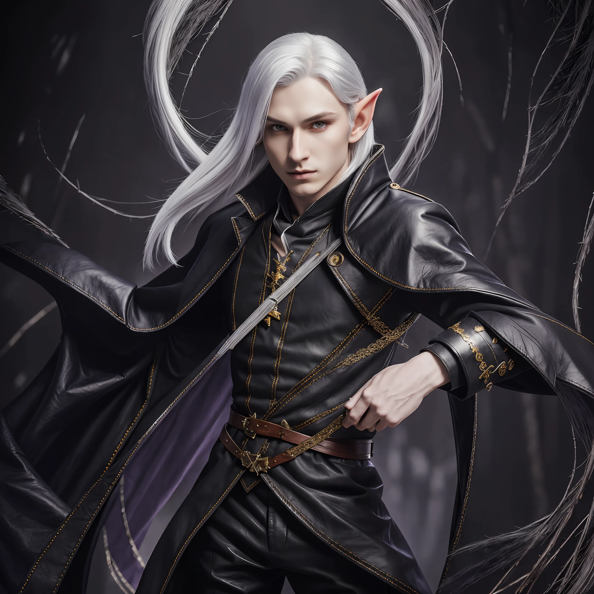 1 male, elf, very pale skin, long straight silver hairs, yellow eyes, no left arm, beutiful, dark brown shirt, dark purple pants, leather black overcoat with details in dark purple, bard, no armour --auto --s2