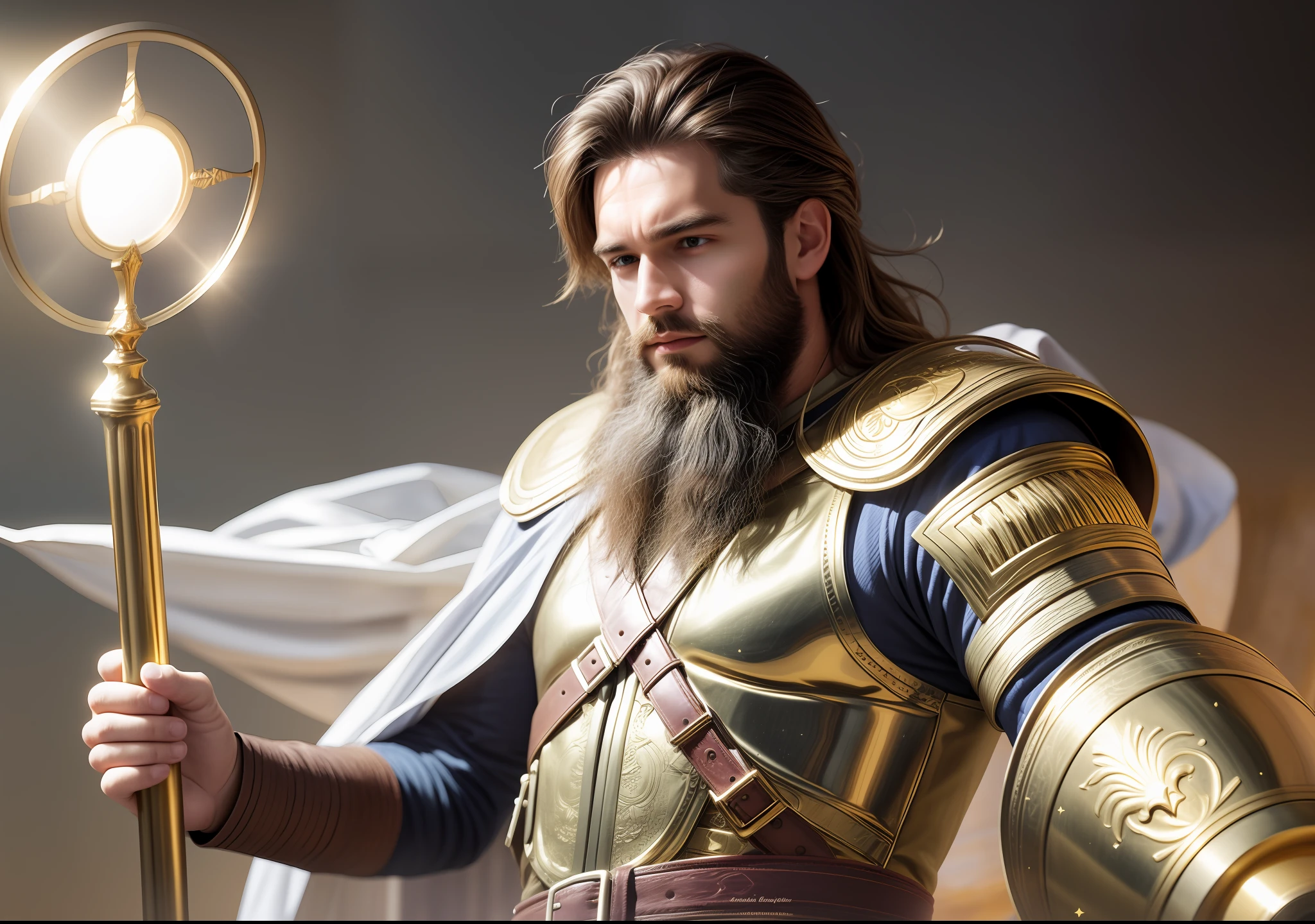 A young man of 25 years, with a beard, with simple clothes. Man enveloped by a light, aura and protecting himself with a golden shield.