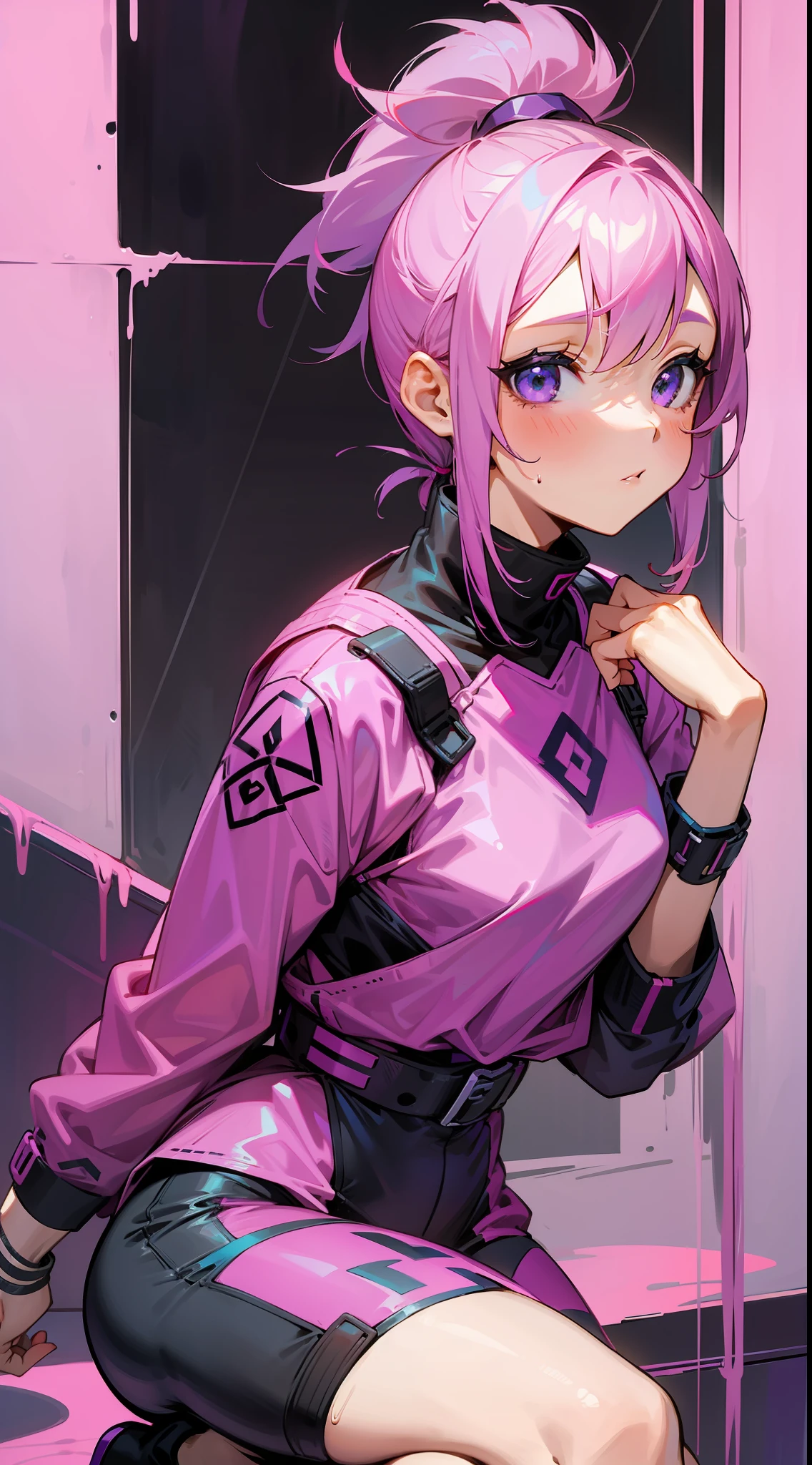 A girl, pink hair combined with purple, ponytail, crouched, sexy