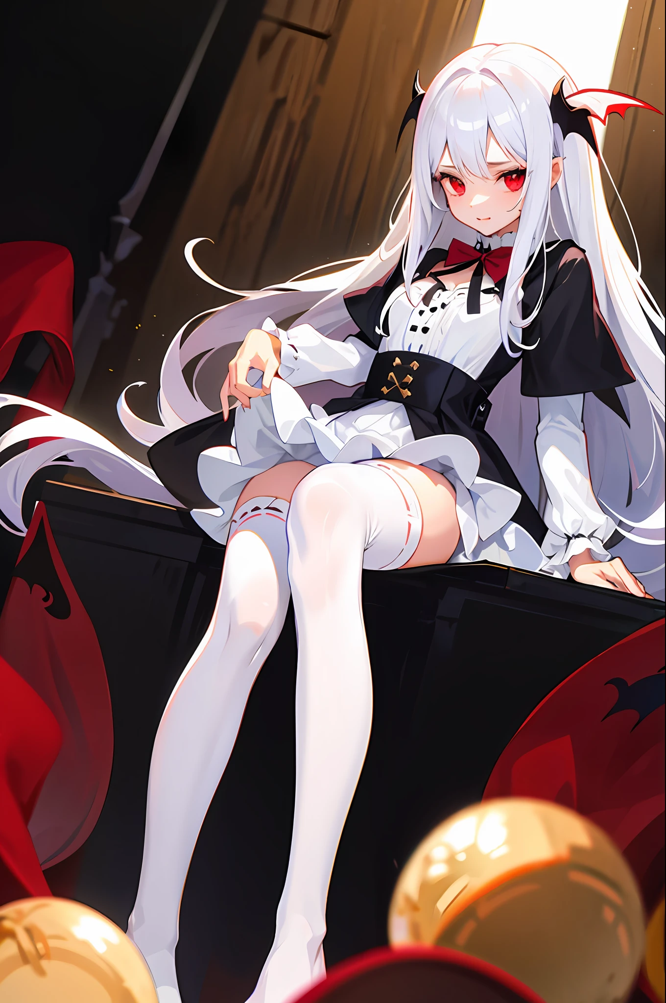 1 girl, white stockings, white long hair, vampire, cute,
