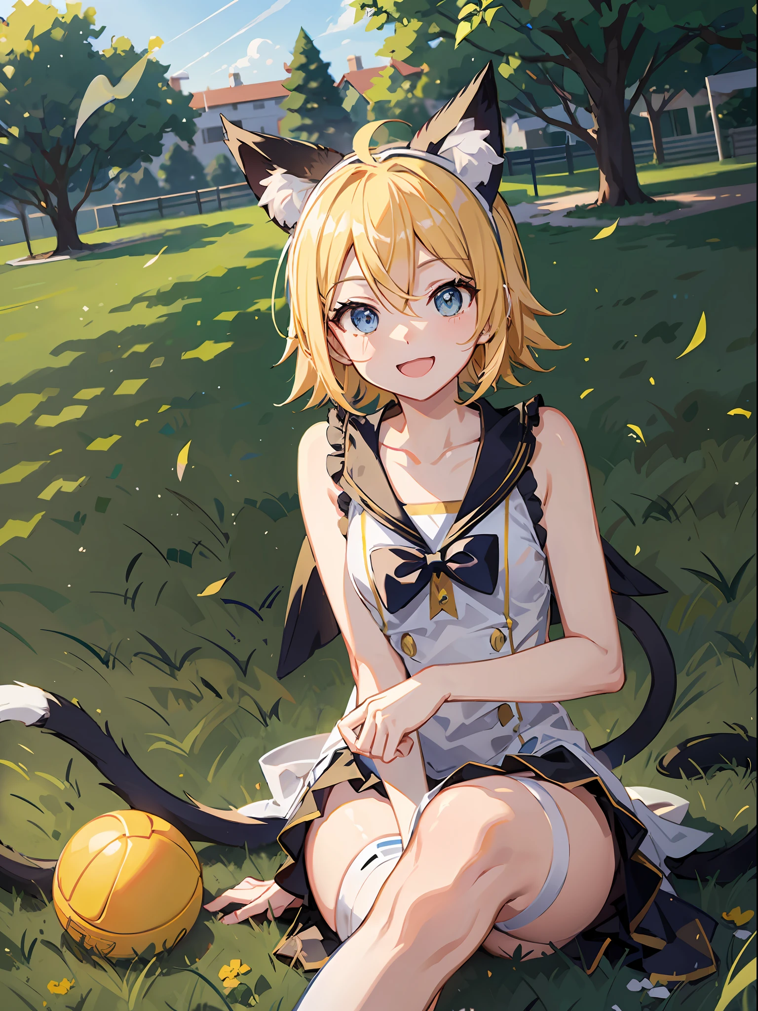 Kagamine Rin, White Ribbon, Vocalo, Shirt, Blue Eyes, Ball Play, Smile, Sun, Lens Flare, Sports Day, Sleeveless, Clavicle, Cat Ears, Cat Tail, Knee Socks, Absolute Area, Cat Jarash, Black Ears,