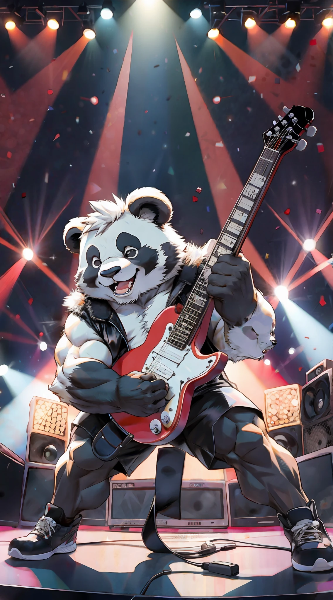 Create an image of a muscular panda furry playing an electric guitar on a stage. The panda should have a muscular build and wear a leather vest or jacket. The fur should be black and white with defined muscles visible through the fur.

The panda should be shown playing a sleek black electric guitar with a white pickguard, plugged into a stack of speakers on the stage. The guitar should be distorted with a rock and roll feel. The panda should be captured mid-performance with its eyes closed and its head tilted back, lost in the music.

The stage should be set with a spotlight shining on the panda and with a crowd of cheering fans in the background. The fans can be depicted as other anthropomorphic animals or humans. The background can be a dark and moody stage setting with smoke or fog to create a rock and roll feel. The panda’s muscular build should be emphasized, with defined muscles visible in its arms and chest as it rocks out on the guitar.