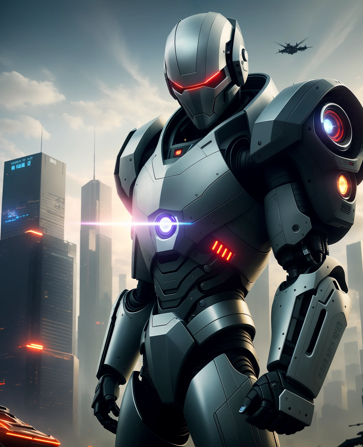 3 kids, Dark_Fantasy, Cyberpunk, (best quality, masterpiece), white, 1man, mechanical wonder, robotic presence, cybernetic guardian, wearing a cybernetic jacket, city, digital art of the highest quality, stunning art, 4k wallpaper, highly detailed, military robot, army, war zone, black and white, highest quality digital art, stunning art, 4k wallpaper, 8k, 64k, HD, unparalleled masterpiece, dynamic lighting, cinematic, epic, damaged mechanical parts