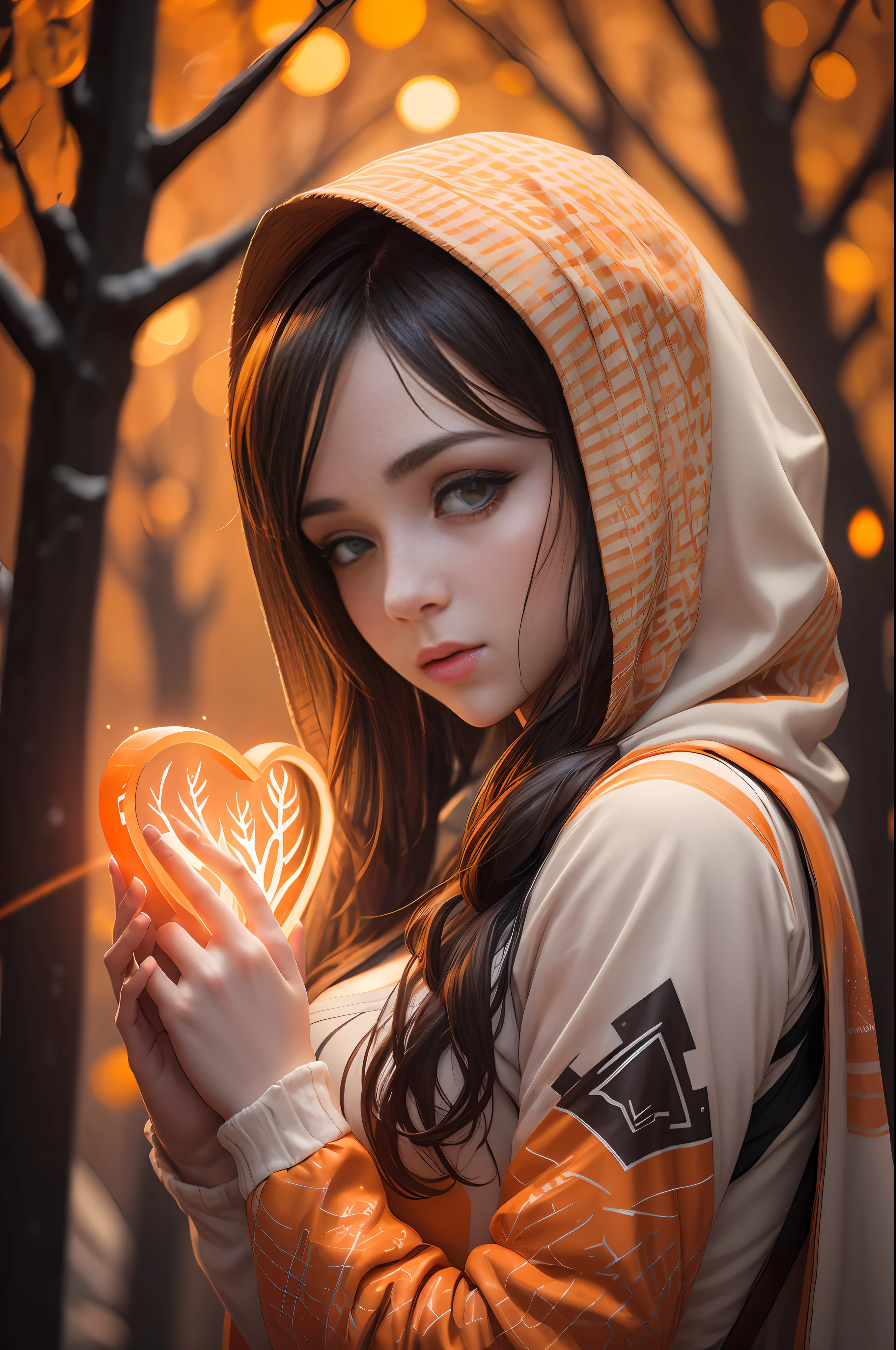 Beautiful Young Woman covered with tree branches , bright orange white glowing heart visible from human, Night time , colorful, photography hyperdetailed cinematic lighting hdr, softbox lighting, extreme detail --auto --s2