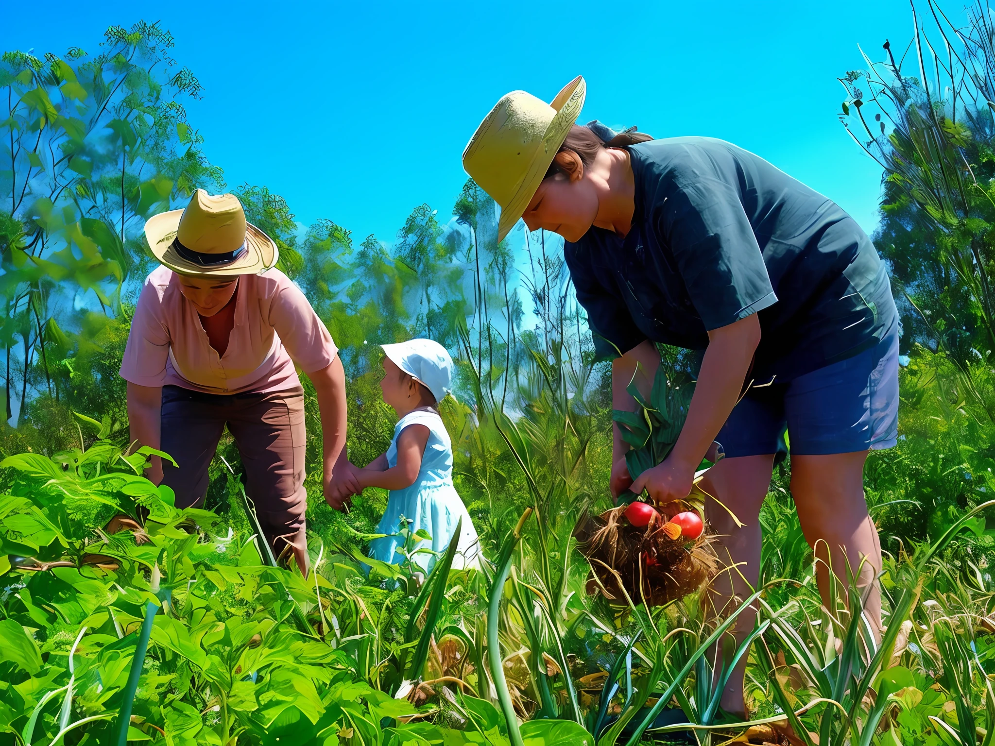 there are two women and a  picking vegetables in a field, permaculture, gardening, busy villagers farming, by Elizabeth Durack, happy, harvesting, flower picking, maintenance, on a farm, profile photo, sun is shining, beginner, family friendly, human farm, ecovillage, having a good time, garden, farmer, farming, ultra hd, 8k --auto --s2