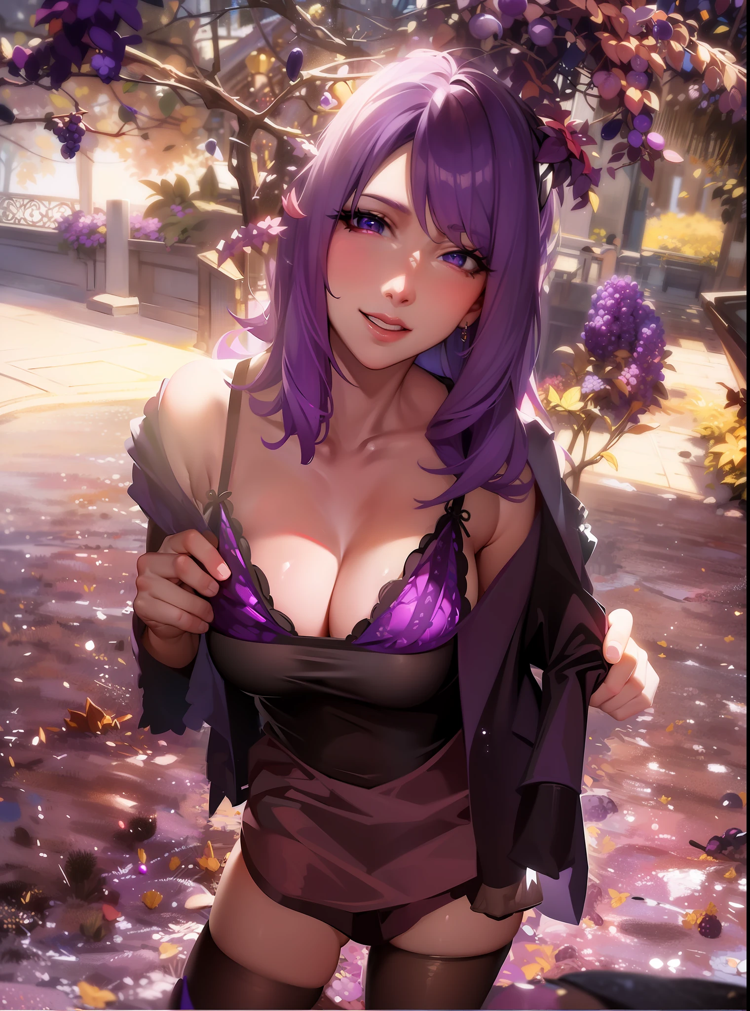 (masterpiece, ultra-realistic, VTuber model portrait, detailed, dynamic angle, perfect lighting, purple hair, grape theme, glittering eyes, dynamic pose)
