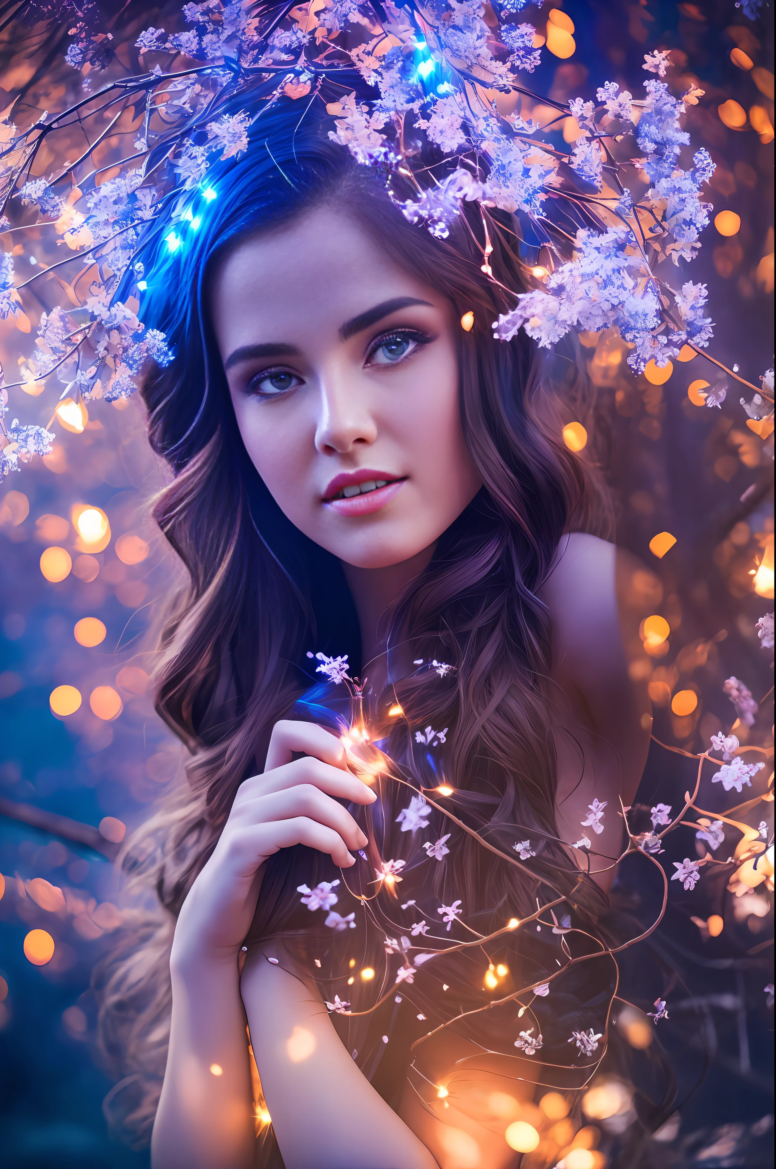Beautiful Young Woman covered with tree branches , bright blue white glowing heart visible from human, Night time , colorful, photography hyperdetailed cinematic lighting hdr, softbox lighting, extreme detail --auto --s2