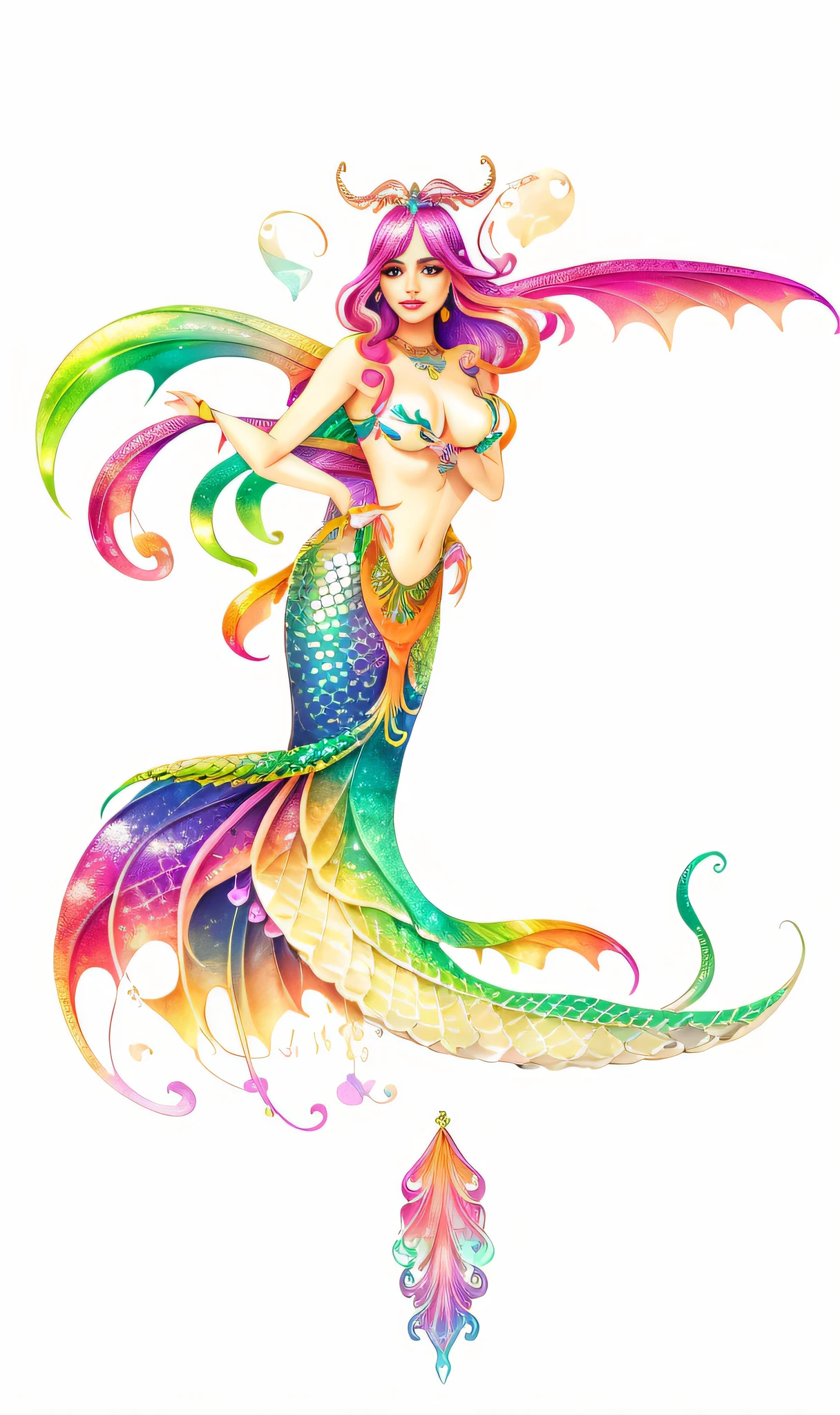 mermaid with colorful tail and wings, colorfull digital fantasy art, beautiful mermaid, colorfull illustration, full color illustration, colorful illustration, full color digital illustration, iridescent scales on her body, illustration iridescent, psychedelic goddess, colored illustration, a beautiful artwork illustration, mermaid, colorful! character design, rainbow wings, fantasy water color, colorful concept art