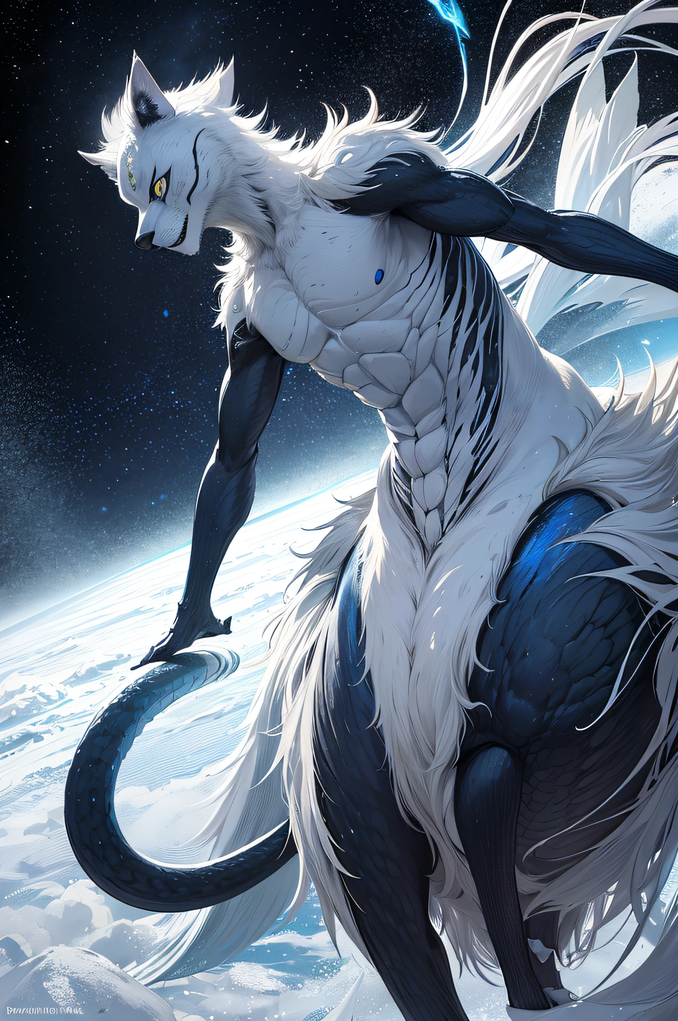 Image rendering in high resolution, with photorealistic quality and rich in detail. Start with the main body. Imagine a pet creature the size of a large dog, with a shape similar to a panther. The body is covered with soft scales, each with an iridescent glow, reflecting all the colors of the spectrum based on the incident light, giving it a mesmerizing appearance. The creature's head is elegant, with large almond-shaped eyes that twinkle like light reflected off a lake. His irises are a deep, captivating blue, radiating a soft light, indicating his elemental power. Add two thin, pointy ears, similar to those of a lynx, framing the creature's face. The creature's tail is long and sinuous, ending in a spiral similar to that of a chameleon, but larger and more robust. It is covered by the same shimmering scales as the body. On the feet, instead of ordinary claws, the creature has crystal-like structures, translucent and of various colors, which glow with an internal light. These "crystal claws" are indicative of his mastery over the elements. Elemental powers. Around your body, show a soft, rippling aura, as if it were composed of tiny particles of light. This aura can change color depending on the element the creature is currently manipulating – blue for water, red for fire, yellow for earth, and white for air. Capture these elements in action around her: a small swirl of fire dancing on her front paw, a ball of earth floating over the other, a breath of wind circling around her tail, and a drop of water floating near her head. Crystal cave setting. Finish the image with a final polish to ensure a vivid brightness and luminosity. The colors should be rich and intense, with high contrast to highlight the splendor of the creature. The scales should reflect light as small prisms, adding extra brightness.