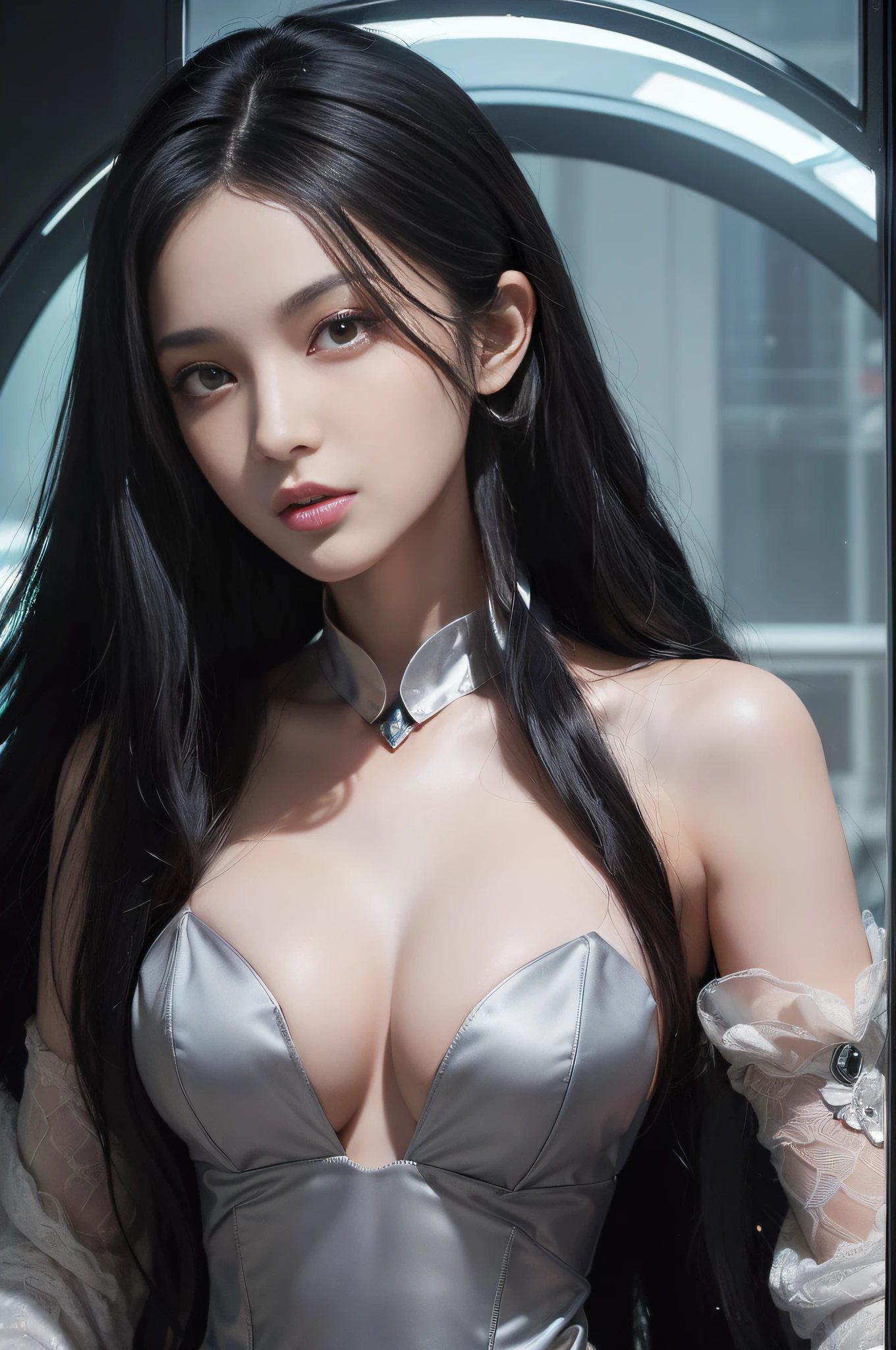 (((masterpiece+best quality+high resolution+ultra-detailed))), long silky black hair, high nose, sharp eyes, noble and inviolable temperament, (([female]: 1.2 + [beauty]: 1.2 + black long hair: 1.2)), futuristic spaceship window, bright eyes, dynamic angle and posture.