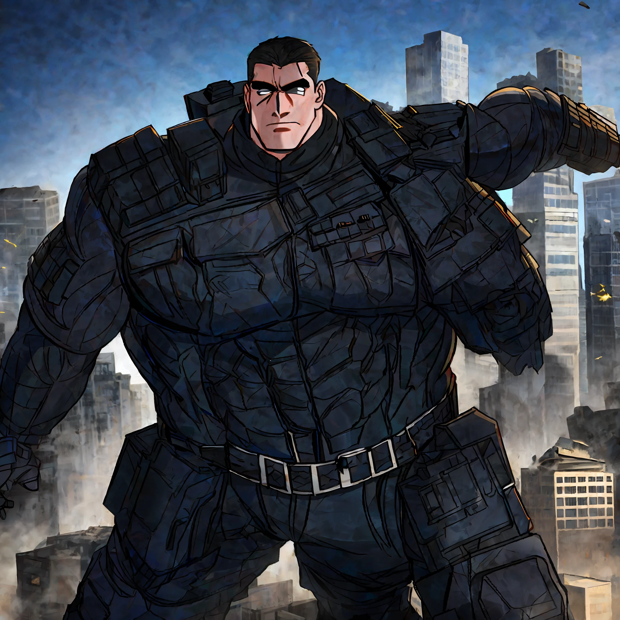 City ruins, broken buildings, police, armor, thick eyebrows, military boots, perfect facial features, majestic cop, giant cop trampling the city, giant cop trampling buildings, giant muscle cop, giant muscle cop destroying the city, giant muscle cop, powerful cop, handsome cop. Giant cop pinching house, giant cop pinching man, giant cop smashing building, giant cop smashing house, riding boots, military boots, huge muscles, black police uniform, protruding crotch, perfect facial features, giant cop knocking down buildings, swat