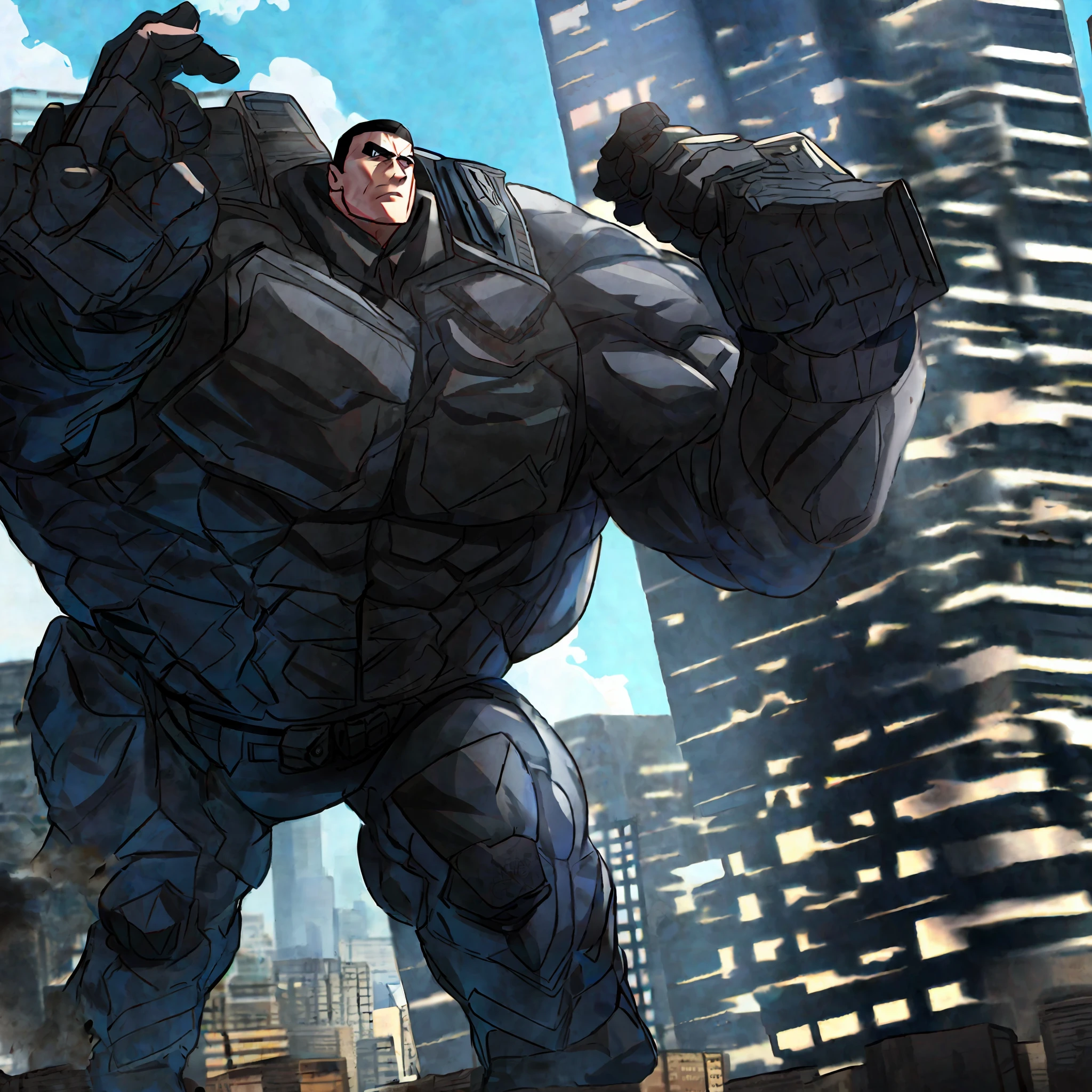 City ruins, broken buildings, police, armor, thick eyebrows, military boots, perfect facial features, majestic cop, giant cop trampling the city, giant cop trampling buildings, giant muscle cop, giant muscle cop destroying the city, giant muscle cop, powerful cop, handsome cop. Giant cop pinching house, giant cop pinching man, giant cop smashing building, giant cop smashing house, riding boots, military boots, huge muscles, black police uniform, protruding crotch, perfect facial features, giant cop knocking down buildings, swat