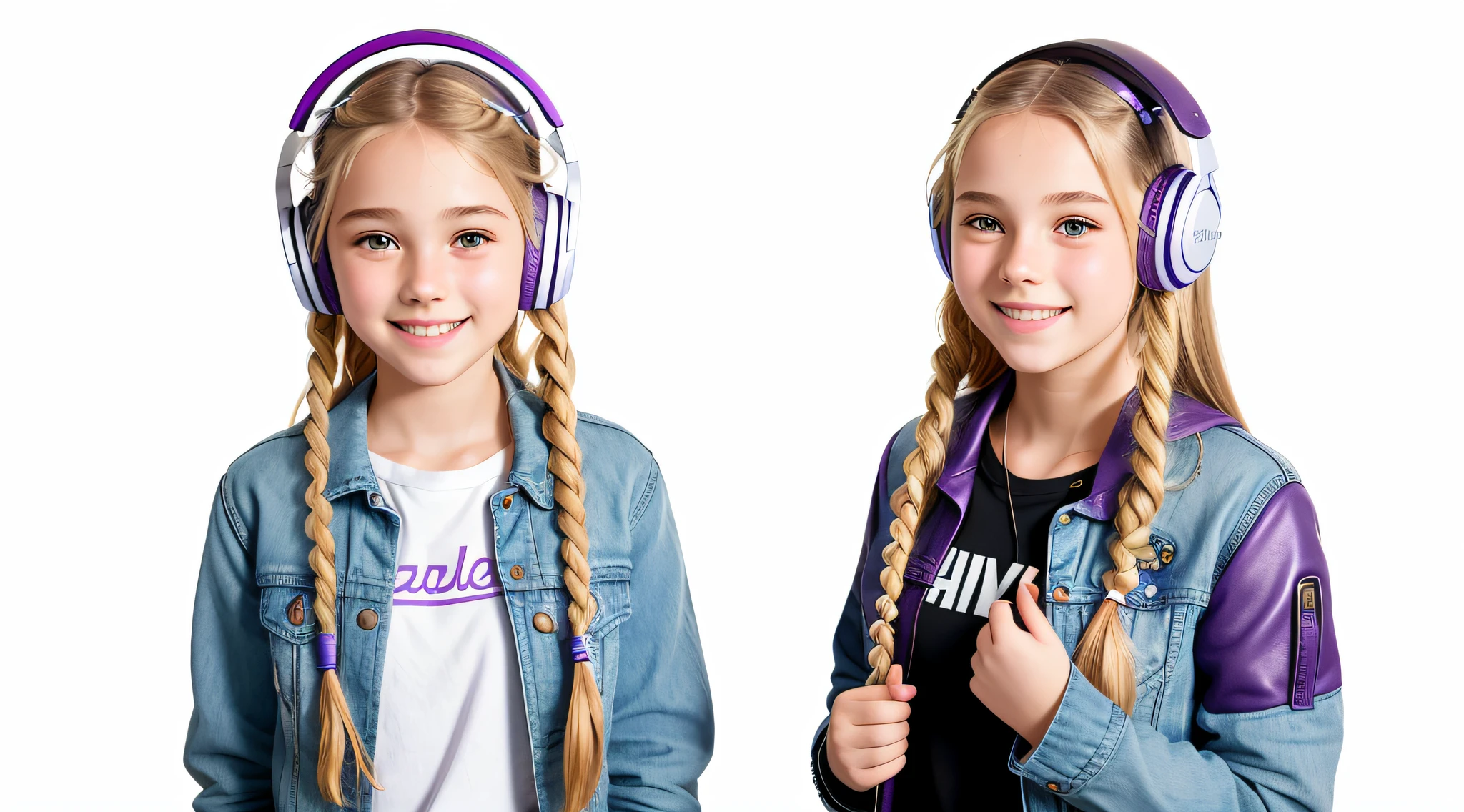 girl , blonde long hair of braids,portrait, with headphones in smiling and holding hands up, purple leather jacket, girl wearing headphones, listening to music, wearing headphones, with headphones, with headphones, wearing a headset, vibrating with music, listening to pious music, wearing headphones,  Using headset for gaming, tinnitus, high quality portrait, headphones on, 2 guitar amplifiers in the background, digital art H 9 6 0, (white background: 1.3).