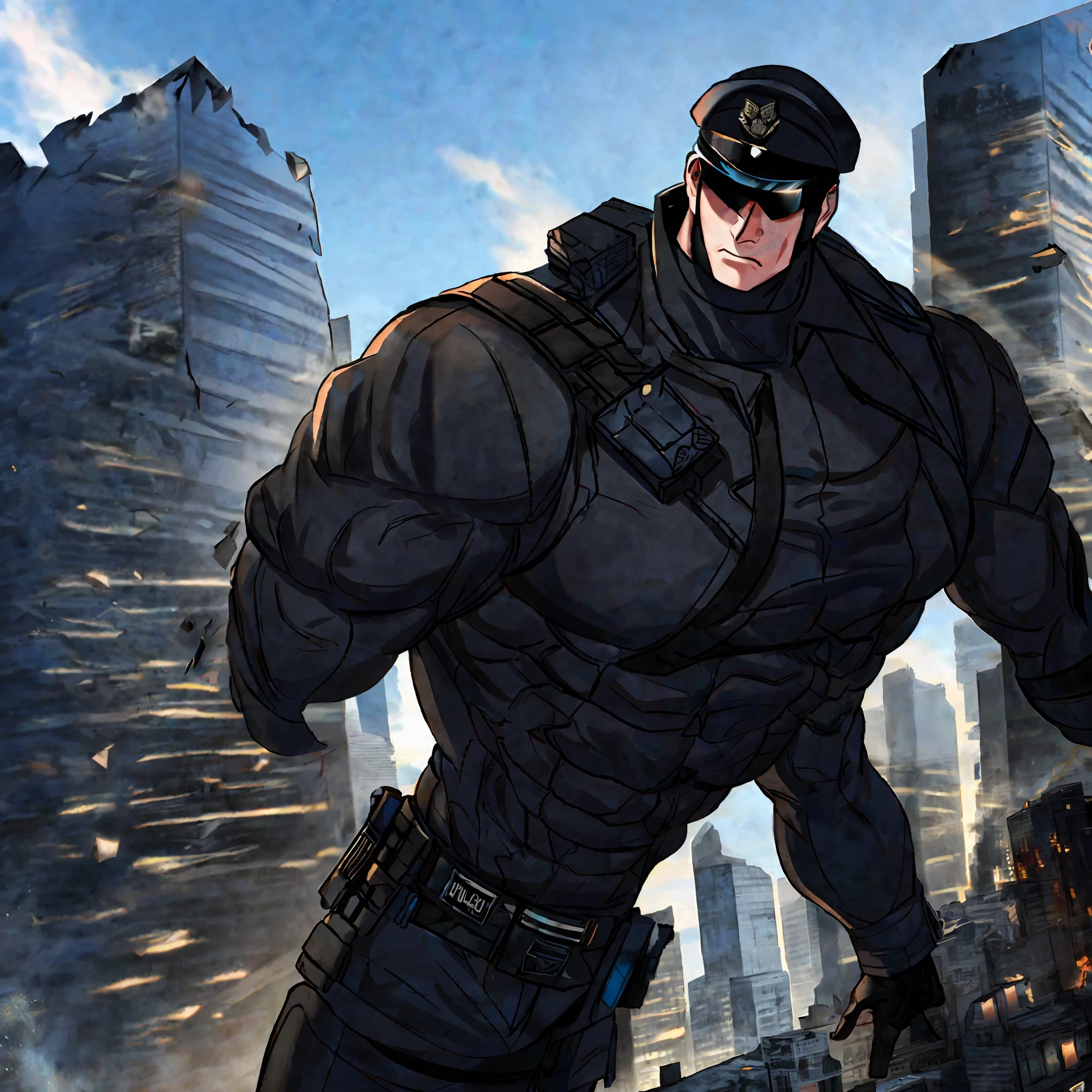 City ruins, broken buildings, police, armor, thick eyebrows, military boots, perfect facial features, majestic cop, giant cop trampling the city, giant cop trampling buildings, giant muscle cop, giant muscle cop destroying the city, giant muscle cop, powerful cop, handsome cop. Giant cop pinching house, giant cop pinching man, giant cop smashing building, giant cop smashing house, riding boots, military boots, huge muscles, black police uniform, protruding crotch, perfect facial features, giant cop knocking down buildings, swat