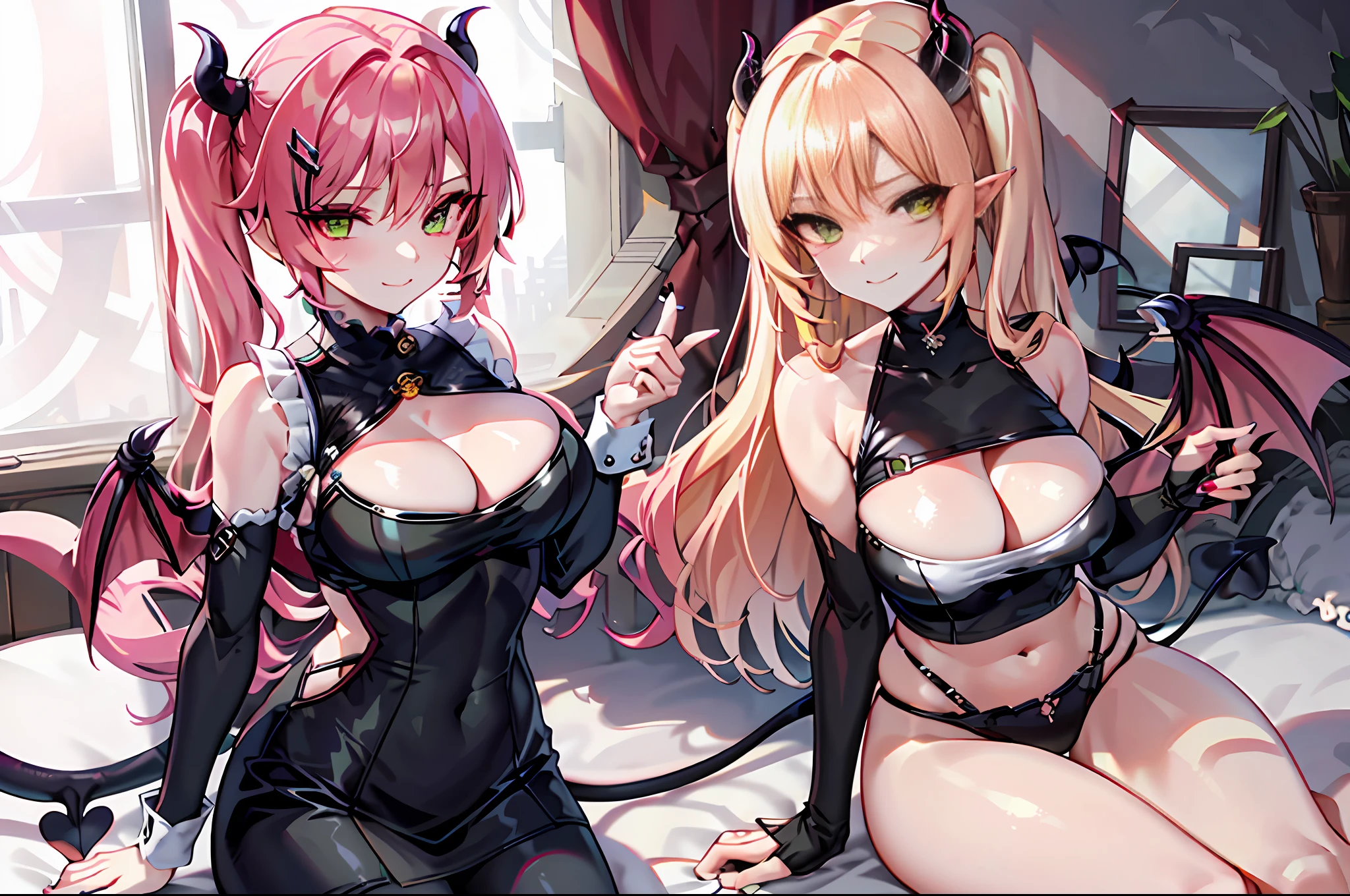 (masterpiece:1.4, best_quality), masterpiece_illustration, simple_background, sharp_focus, beautiful_detailed_eyes, beautiful_detailed_eyelashes, outline, ((bedroom, indoors)), 1girl, solo, demon, demon tail, seductive_smirk, green_eyes, pink_hair, long_hair, very_long_hair, ((twintails)), bangs, hair_ornament, hairclip, sleeveless, breasts, medium_breasts, cleavage, multi_colored_nails, nail_art, nail_polish, navel, full_body, nicoledemarazzz