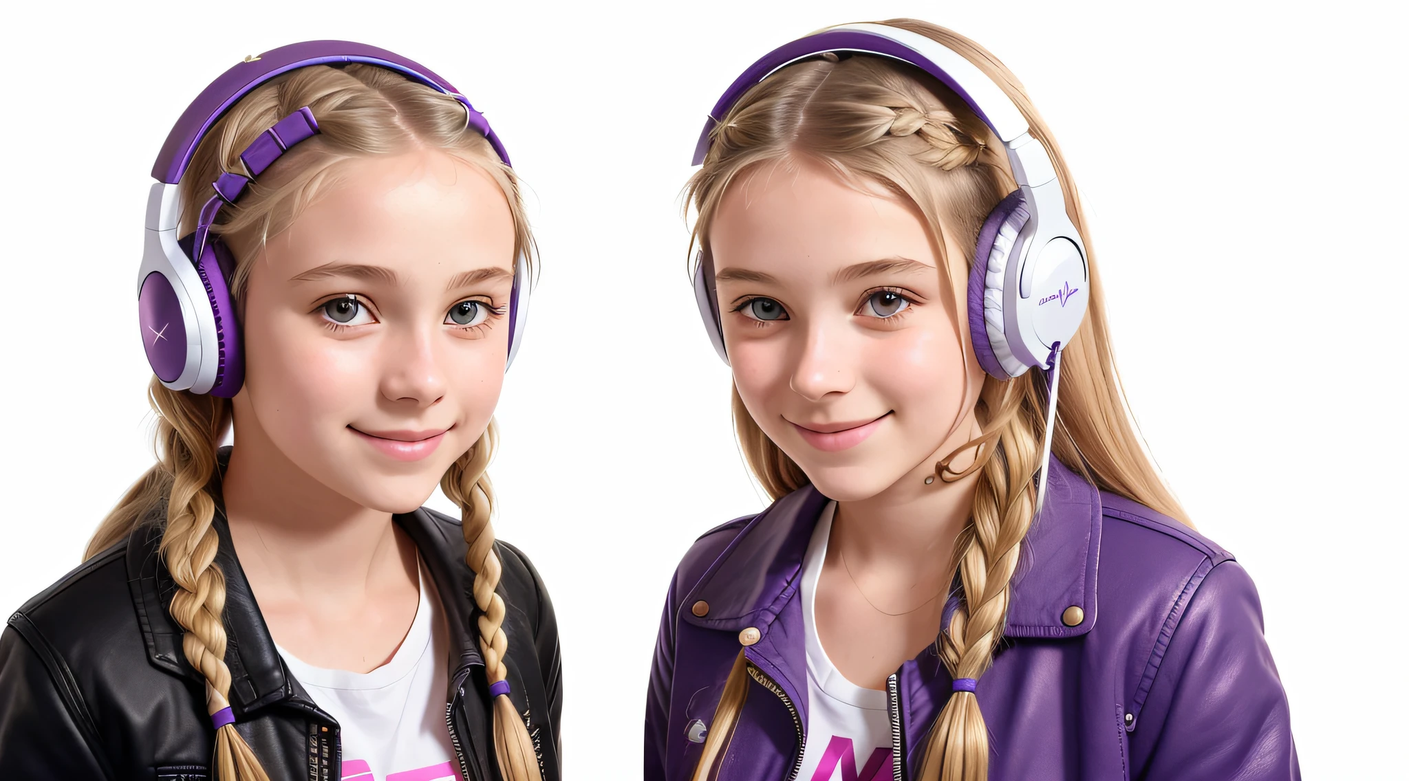 girl , blonde long hair of braids,portrait, with headphones in smiling and holding hands up, purple leather jacket, girl wearing headphones, listening to music, wearing headphones, with headphones, with headphones, wearing a headset, vibrating with music, listening to pious music, wearing headphones, Using headset for gaming, tinnitus, high quality portrait, headphones on, 2 guitar amplifiers in the background, digital art H 9 6 0, (white background: 1.3).