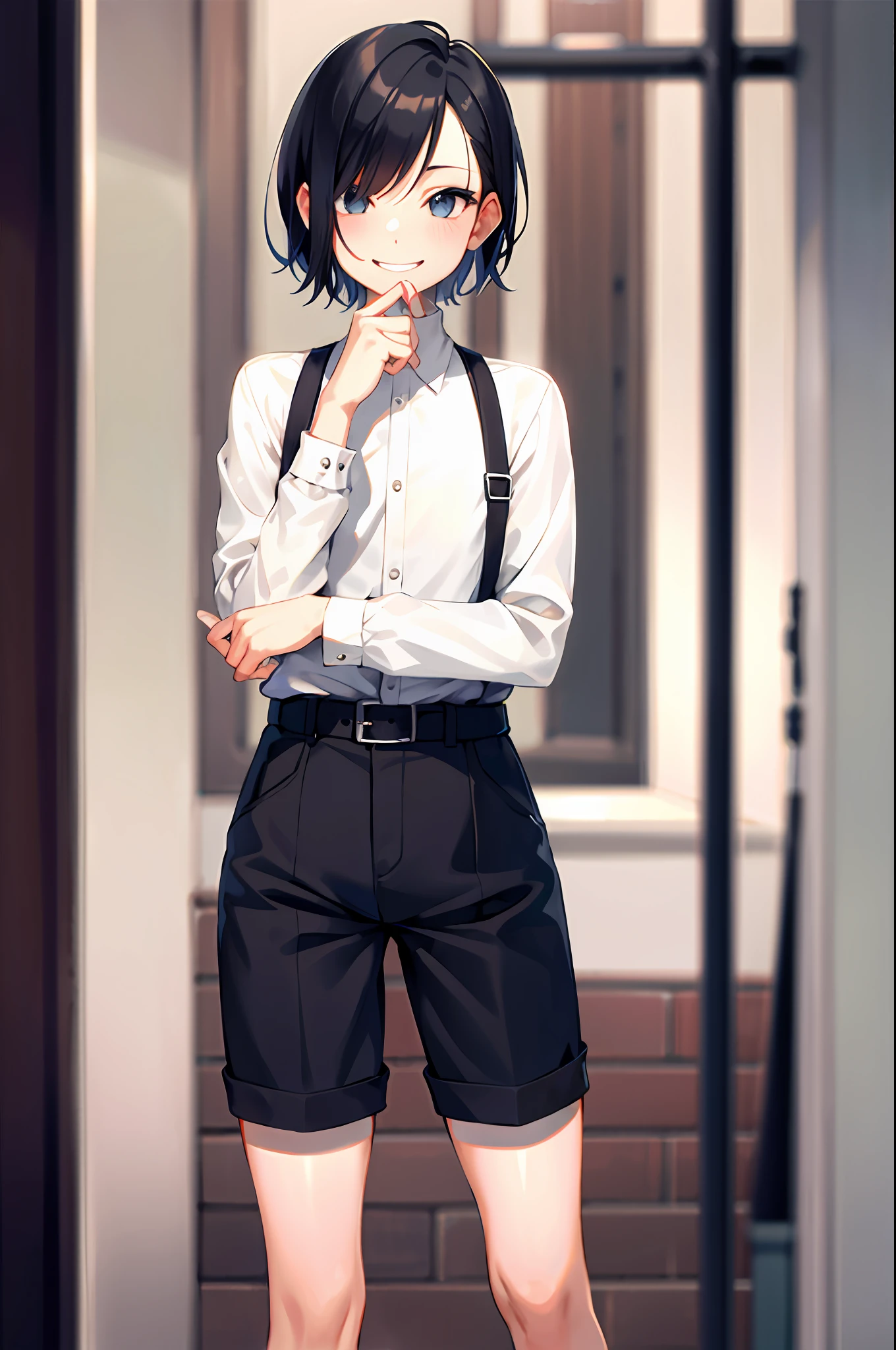 (morning), 1 Bob hairstyle slim boy butler, white hair, shorts, knee socks, solo, watching the audience, winter, cowboy shot, (downtown), cowboy shot, smile, black hair