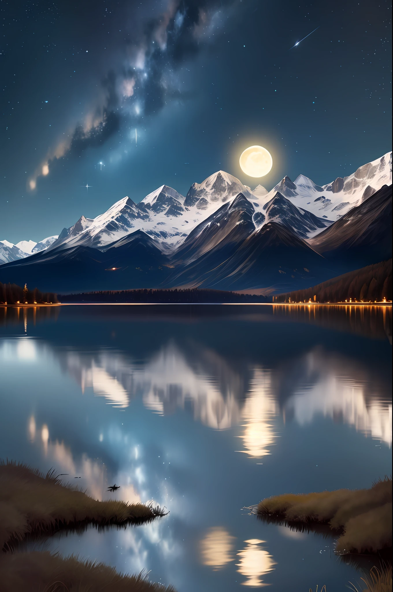 Very starry night. A giant moon behind the mountains. A tranquil lake reflecting the night. Realistic scene, detailed, photorealism, 8k