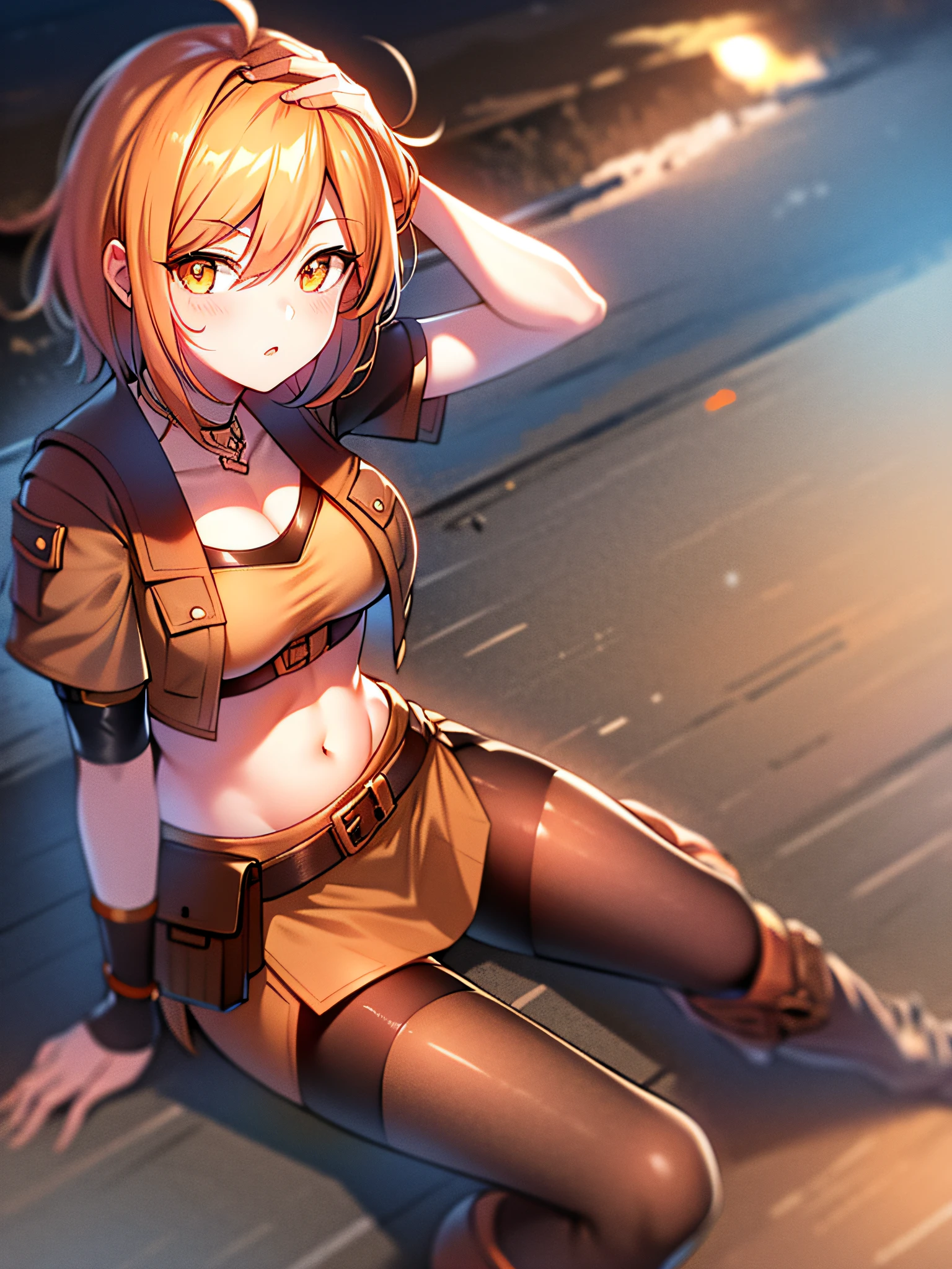 orange eyes light,richly faded light orange hair, anime 1girl, no  skirt, brown military boots, pouch on the waist belt, khaki bikini, "black tights", "dark_orange knee pad on right leg",( night city:1.4), black long cloak, (good hand:1.5 ) good legs, (Good face: 1.5), 1girl, best hand, no worst hand. without clothes, in big city