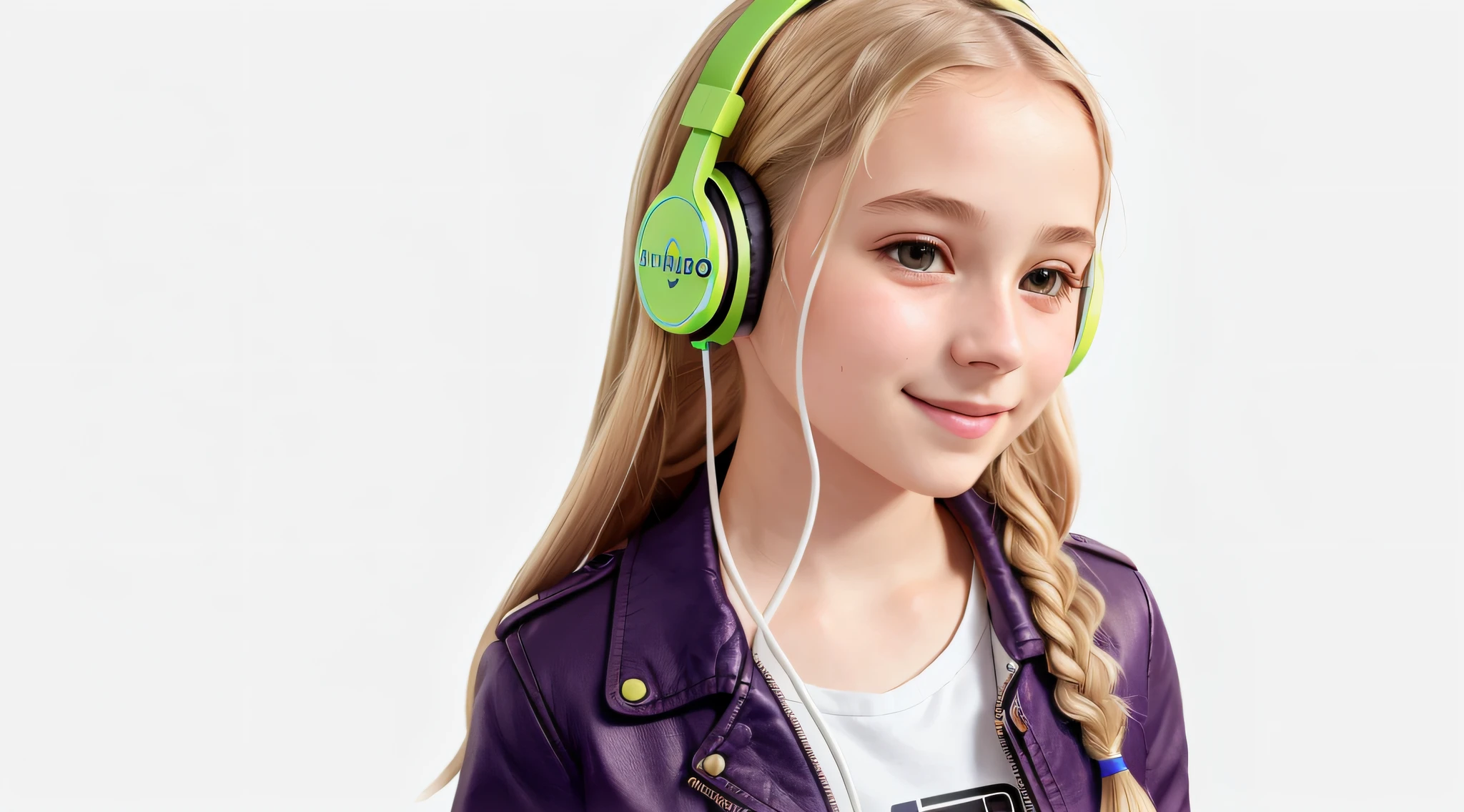 girl 12 years, blonde long hair of braids,portrait, with headphones in smiling and holding hands up, purple leather jacket, girl wearing headphones, listening to music, wearing headphones, with headphones, with headphones, wearing a headset, vibrating with music, listening to pious music, wearing headphones, Using headset for gaming, tinnitus, high quality portrait, headphones on, soft green background lights, digital art H 9 6 0, (white background: 1.3).