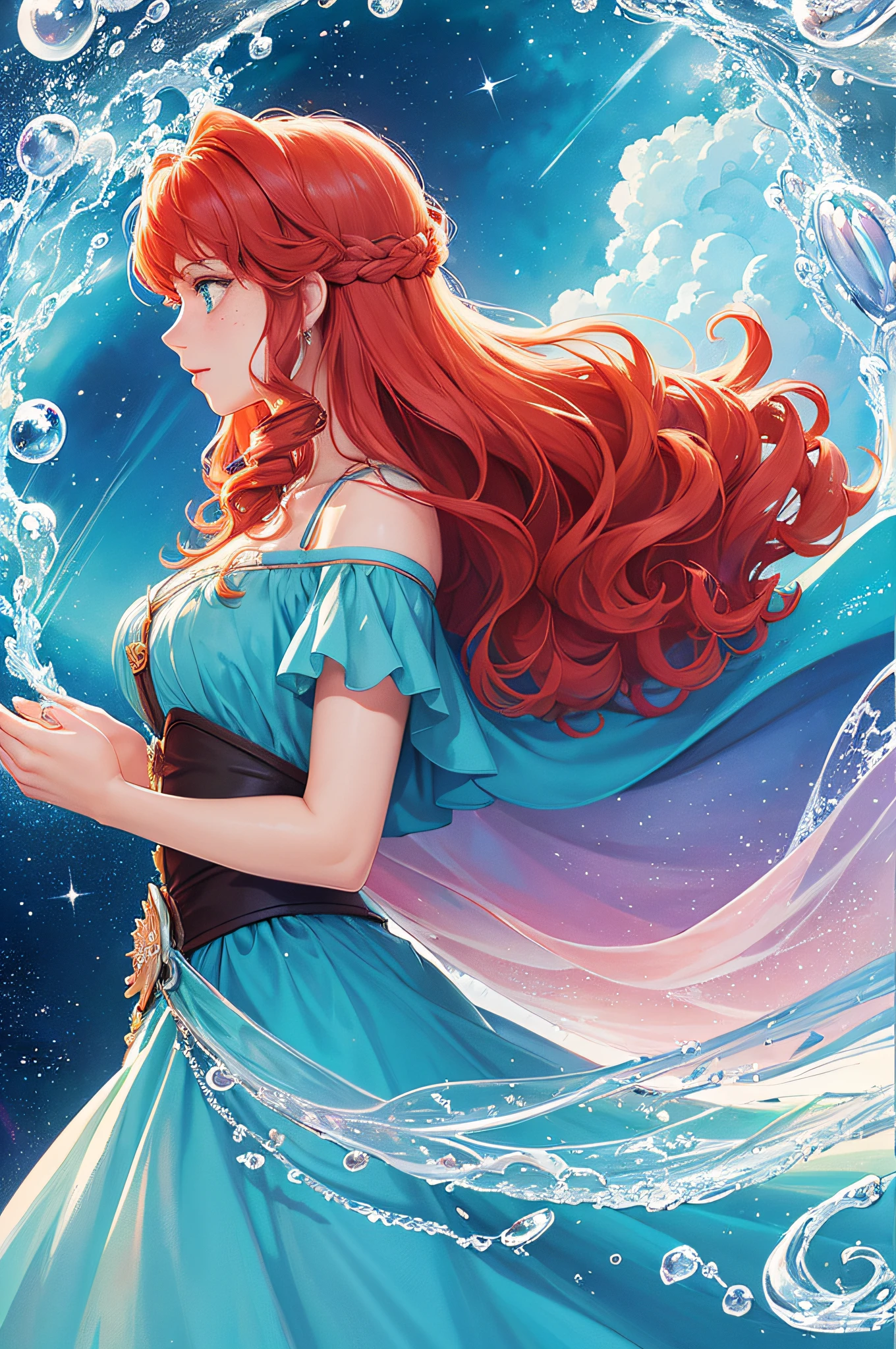 (masterpiece, top quality, best quality, watercolor (medium), official, beautiful and aesthetic art: 1.2), (1 Merida, disney princess: 1.3), (fractal art: 1.3), upper body, profile, patterns, (Princess Merida of Valiant, Disney princess style, Merida, blue eyes, with freckles on her face, and long red hair, curly and free hair 1.2),water,liquid,cloud,colored, Starry,Stars, Delicate, Slender, Magical Aura