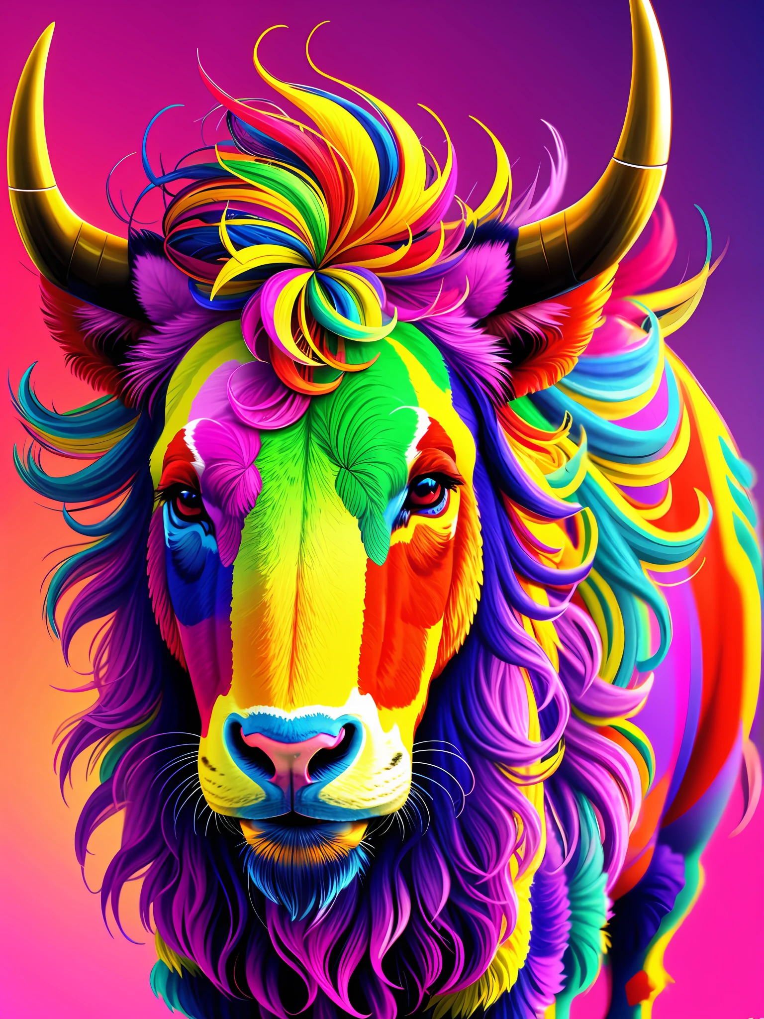 Brightly colored bull, 4K detailed digital art, AMOLED wallpaper, highly detailed 4K digital art, glossy feathers, beautiful 4K UHD art, high detailed colors, colorful digital fantasy art, amoled, high quality 8K detailed art