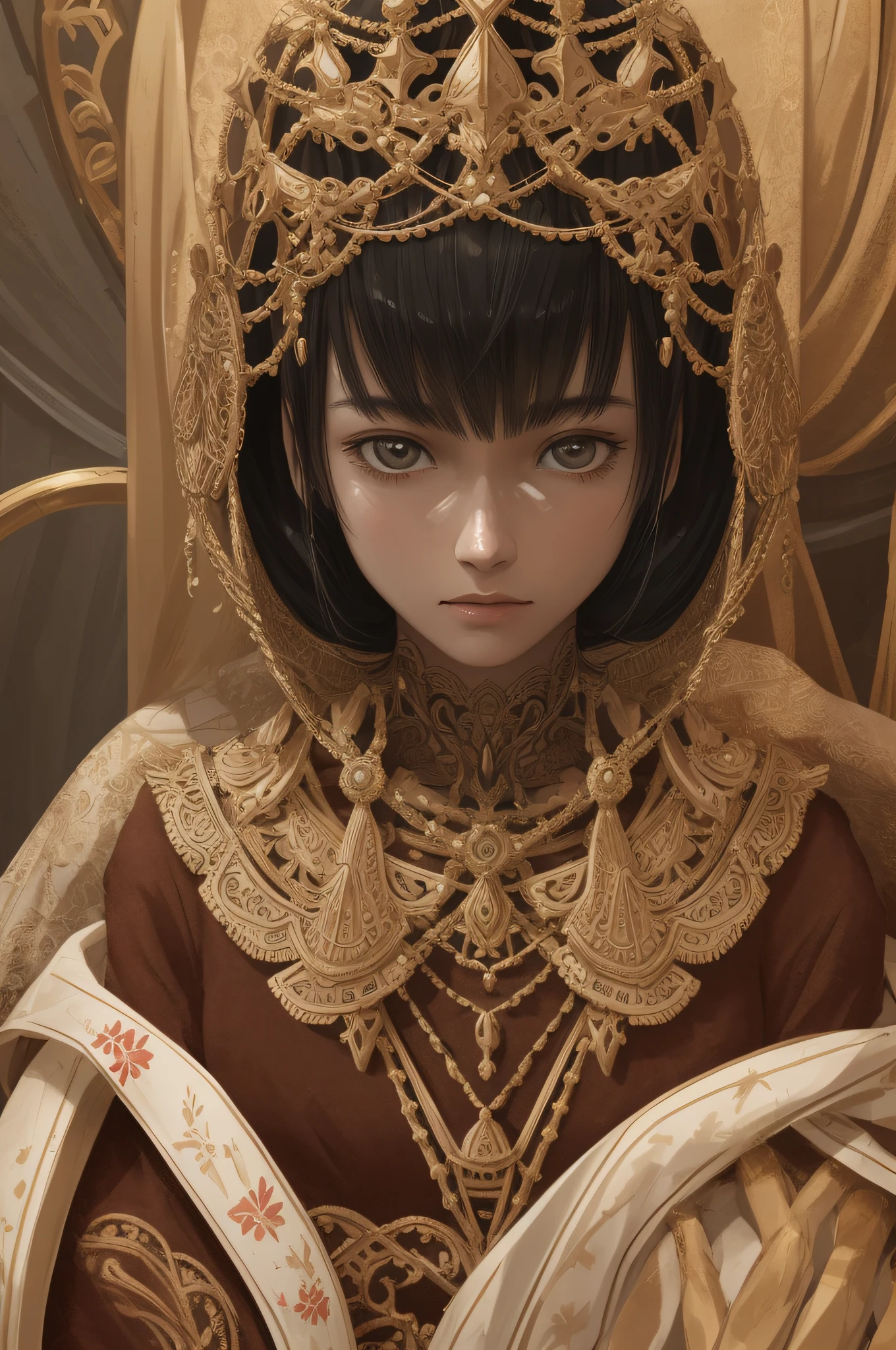 1cardboard girl, ultra realistic details, portrait, global lighting, shadows, ultra sharp, intricate, detailed ornaments, cool colors, cardboard, very intricate details, realistic light, trend in CGsociety, bright eyes, in front of the camera, neon details, cardboard limbs, blood vessels connected to tubes, cardboard vertebrae that attach to the back, cardboard cervial that attaches to the neck, sitting, fibers and threads that connect to the head