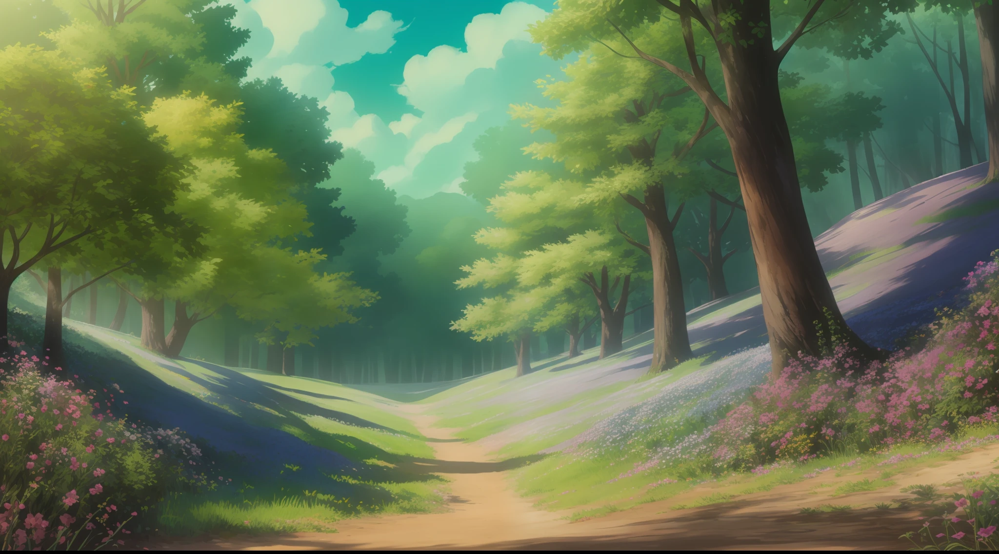A concept map of the scene, dense and fantastic forest, the sun is shining, the sky is very blue, there are birds flying in the sky, and there are all kinds of strange flowers and plants on the grass